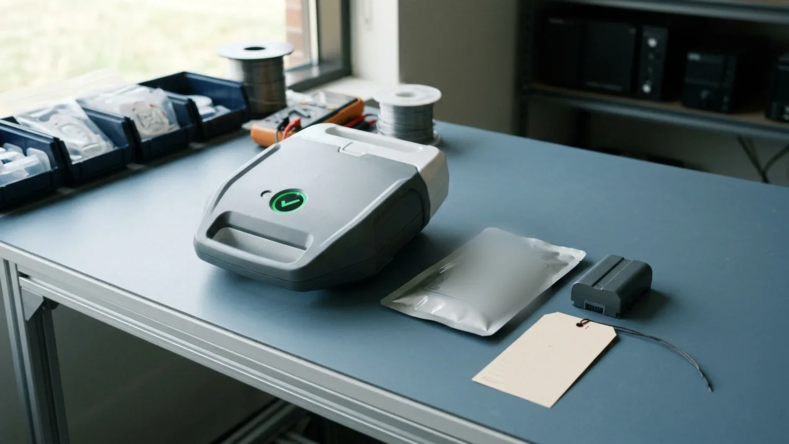 An unbranded automated external defibrillator with a green status indicator on a clinical-engineering workbench, beside a plain sealed electrode pouch, a battery module, and a blank inspection tag.