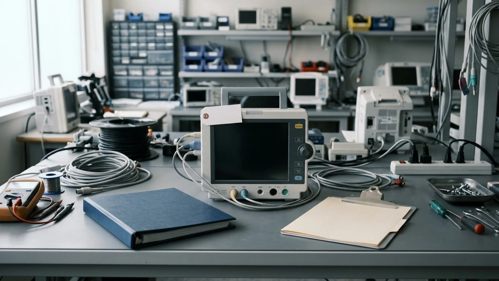 A patient monitor chassis with an unlabeled asset tag rests on a service bench between a closed service binder and an unprinted decision packet.