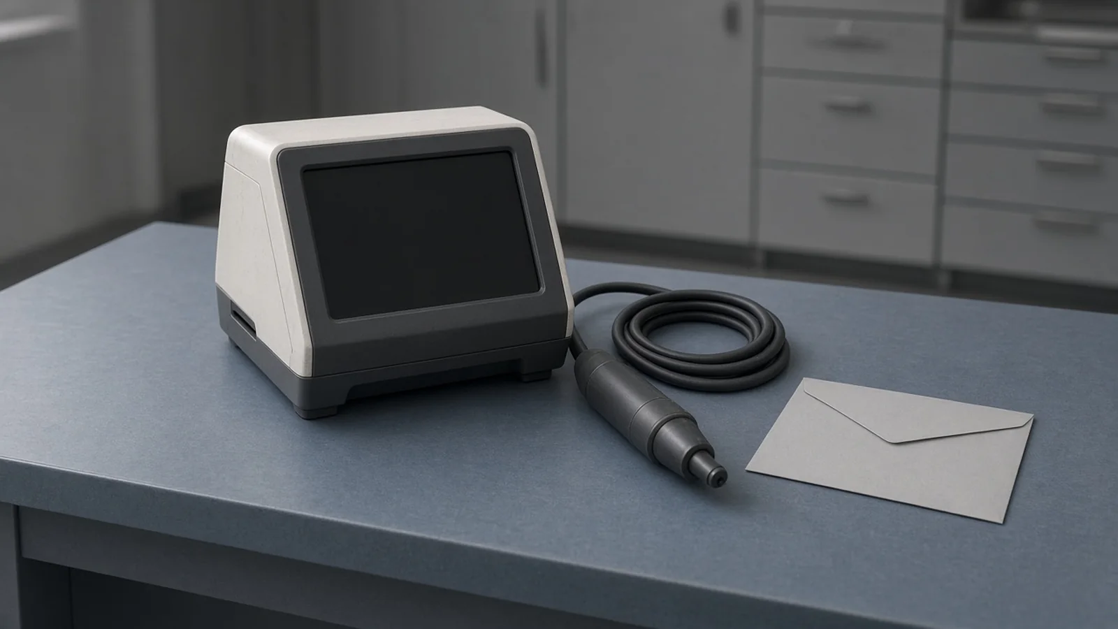 Unbranded used aesthetic-laser console and detached unlabeled handpiece on a matte slate-blue service bench beside a closed unlabeled envelope