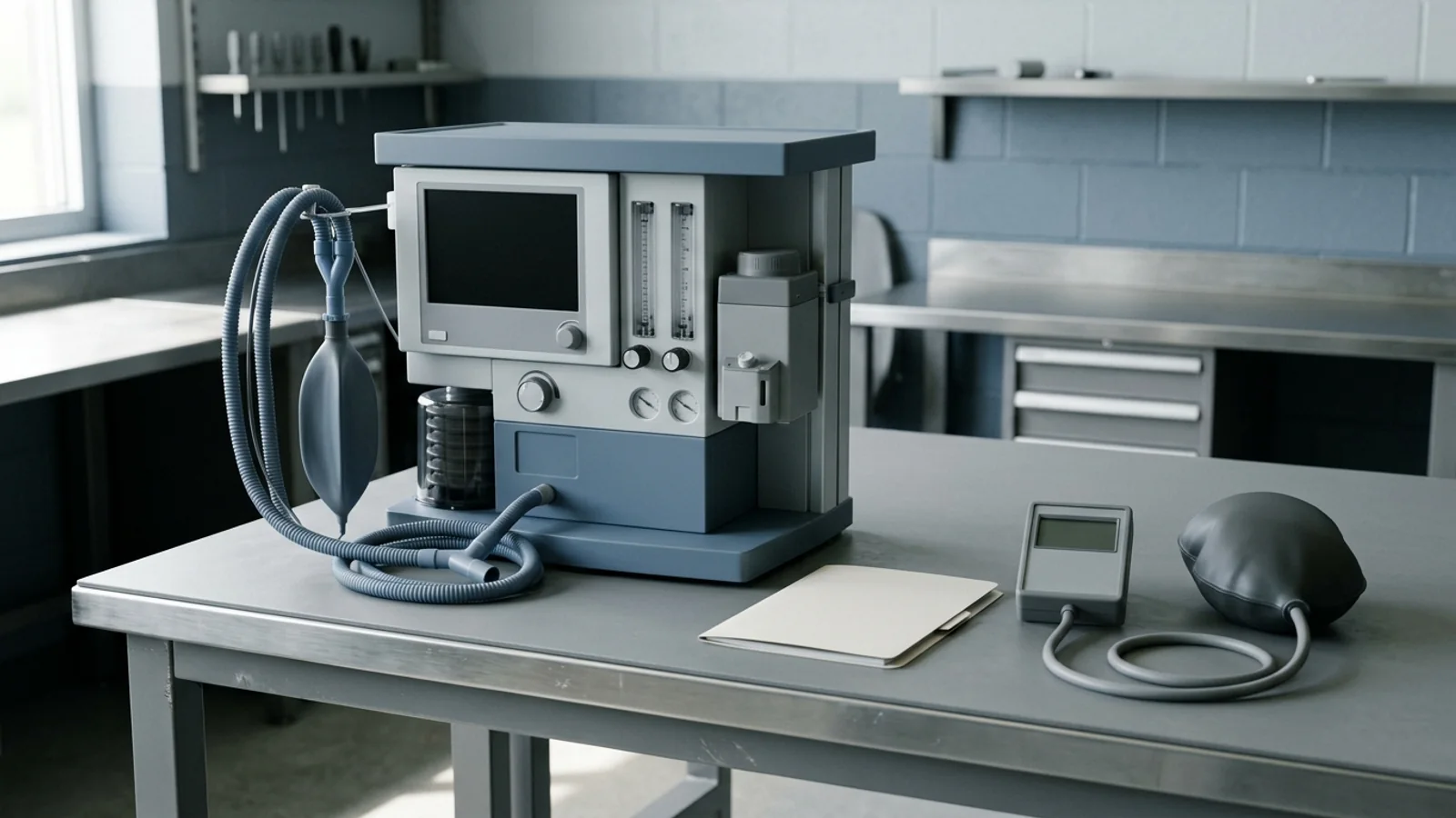 An unbranded anesthesia workstation on a service bench beside a closed verification folder and a test lung analyzer setup.