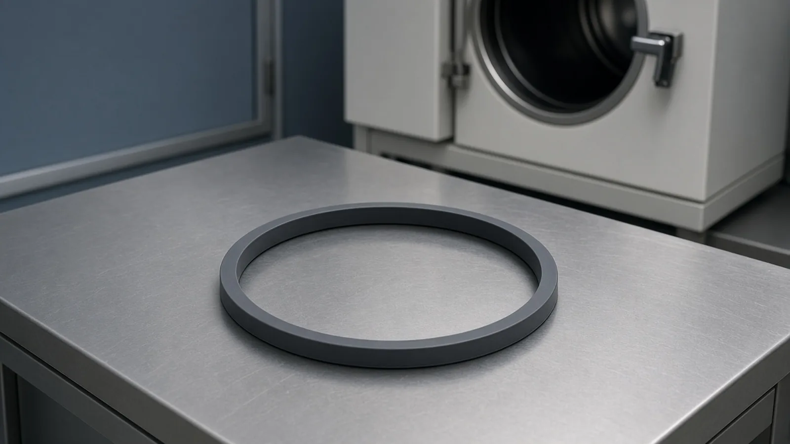 An uninstalled charcoal silicone autoclave door gasket centered on a matte steel workbench, with a closed tabletop steam sterilizer behind it