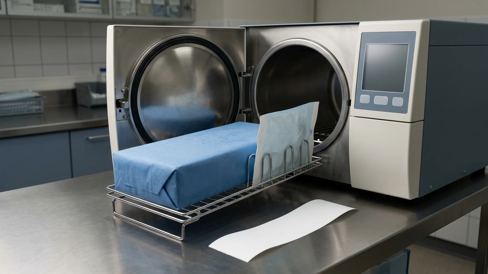 Tabletop steam sterilizer with its door open beside a wire loading rack holding a blue wrapped pack beaded with moisture and a peel pouch standing on edge, with a blank cycle printout slip on a stainless counter