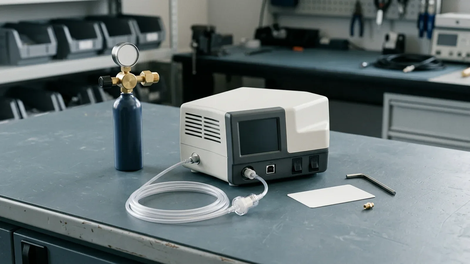Technical still life of a sidestream capnography analyzer module, reference gas cylinder with pressure regulator, coiled sampling line, and blank service verification record on a clinical engineering workbench.