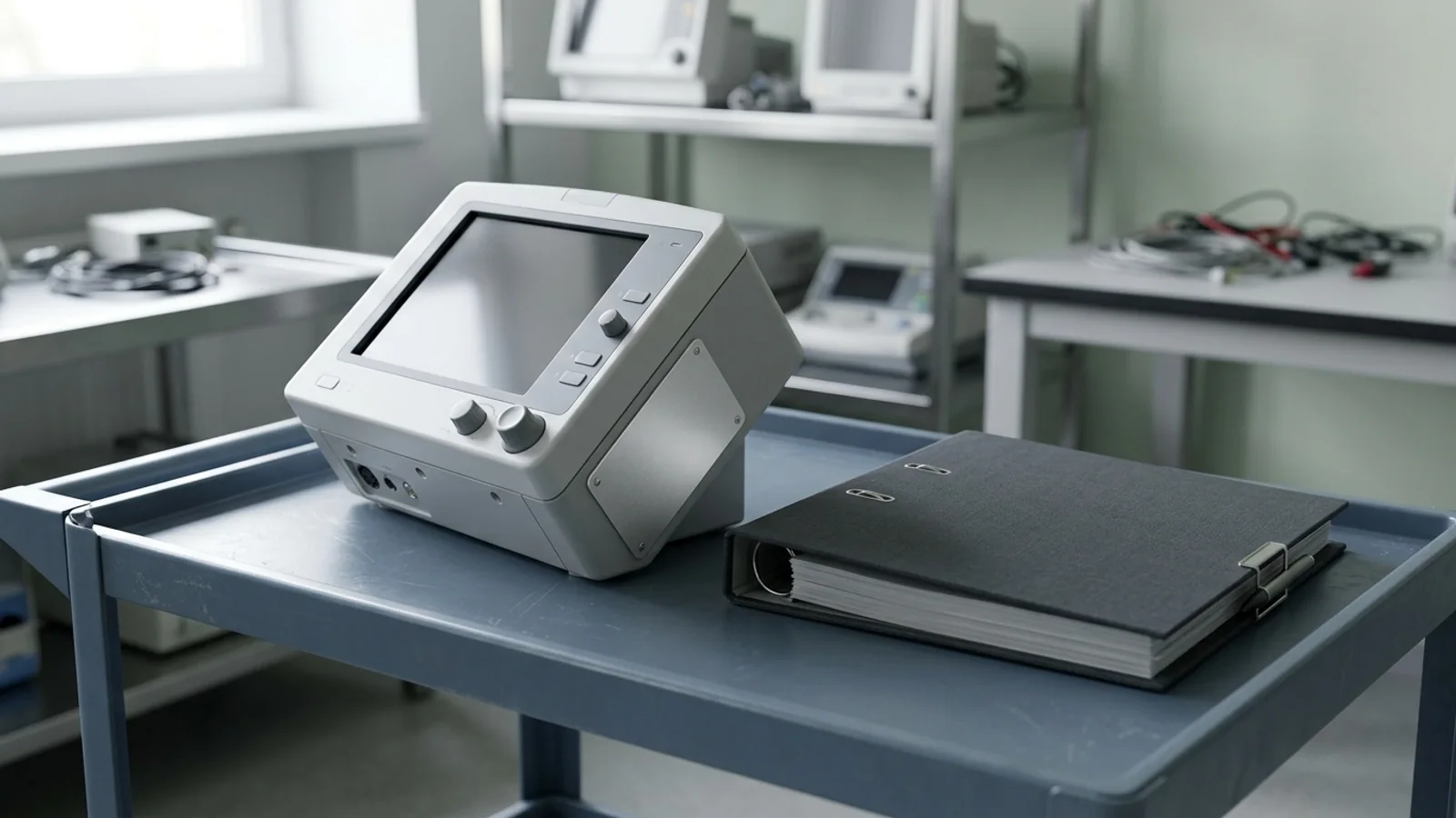 Clinical engineering equipment cart with a medical monitor, blank asset-identification plate, and closed inventory master binder