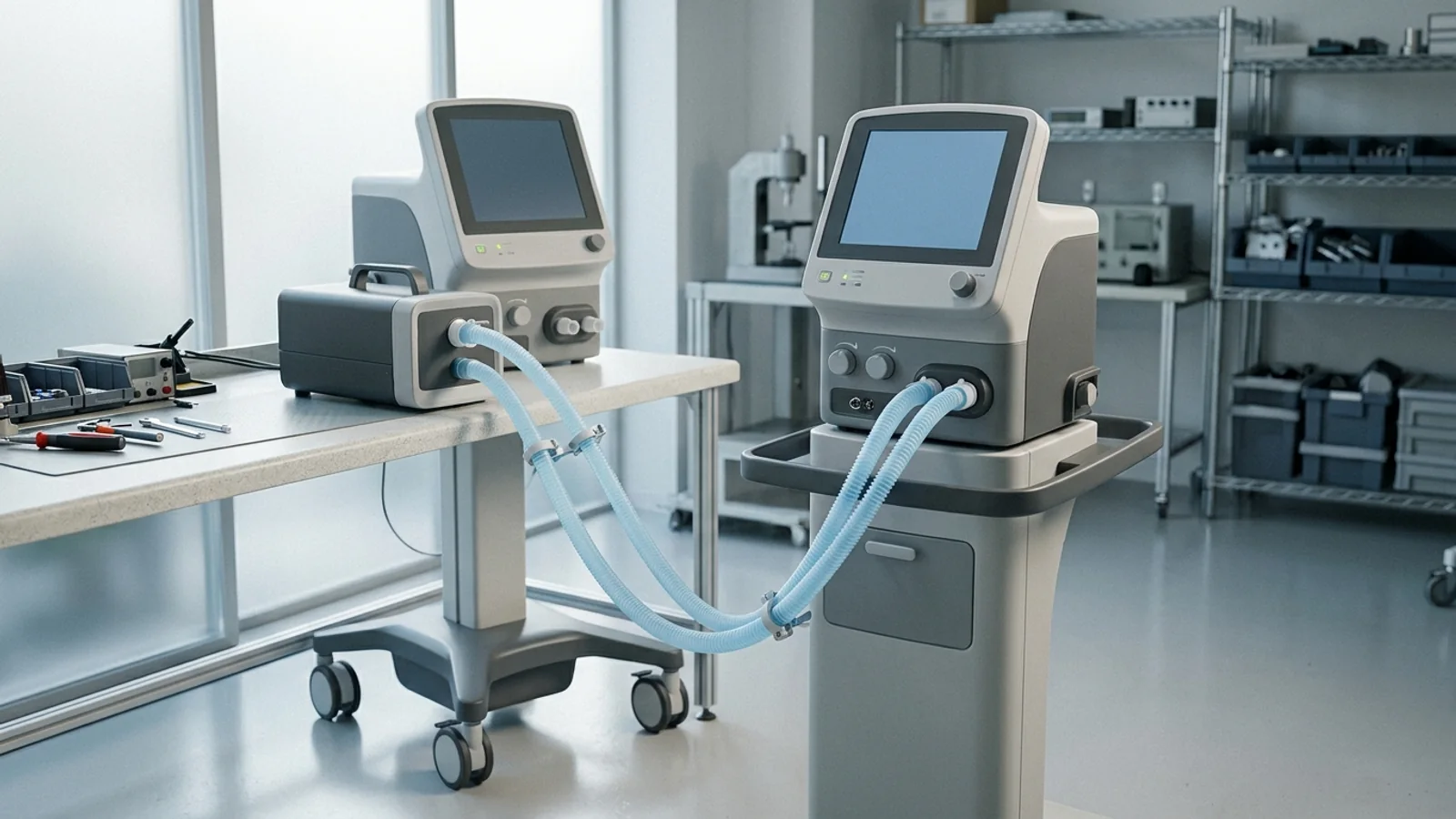 Unbranded critical-care ventilator on a rolling cart with a breathing circuit routed to a compact benchtop gas-flow analyzer in a clinical-engineering workshop