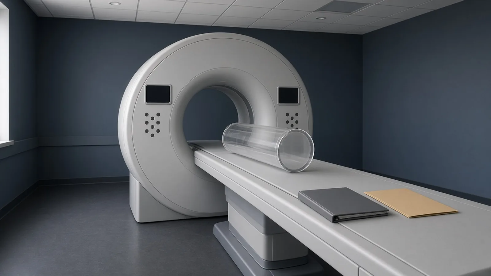 Unbranded CT gantry and table with a cylindrical QC phantom and a closed unlabeled service packet in a slate-blue imaging room.