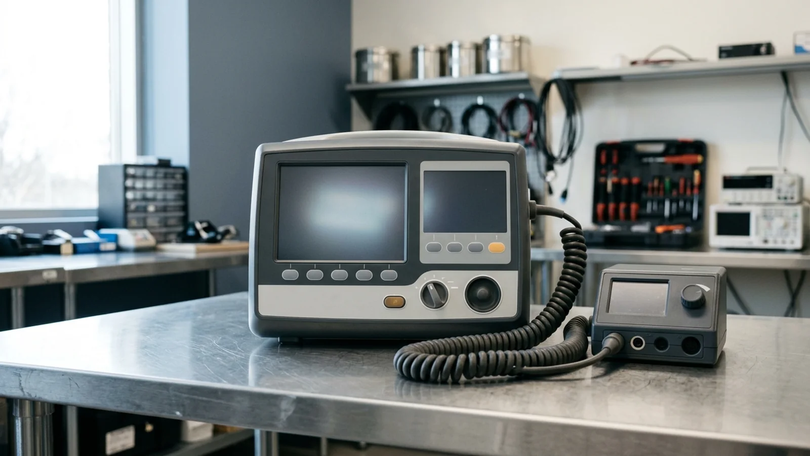 An unbranded external defibrillator and monitor connected to a tabletop defibrillator analyzer on a biomedical workshop bench