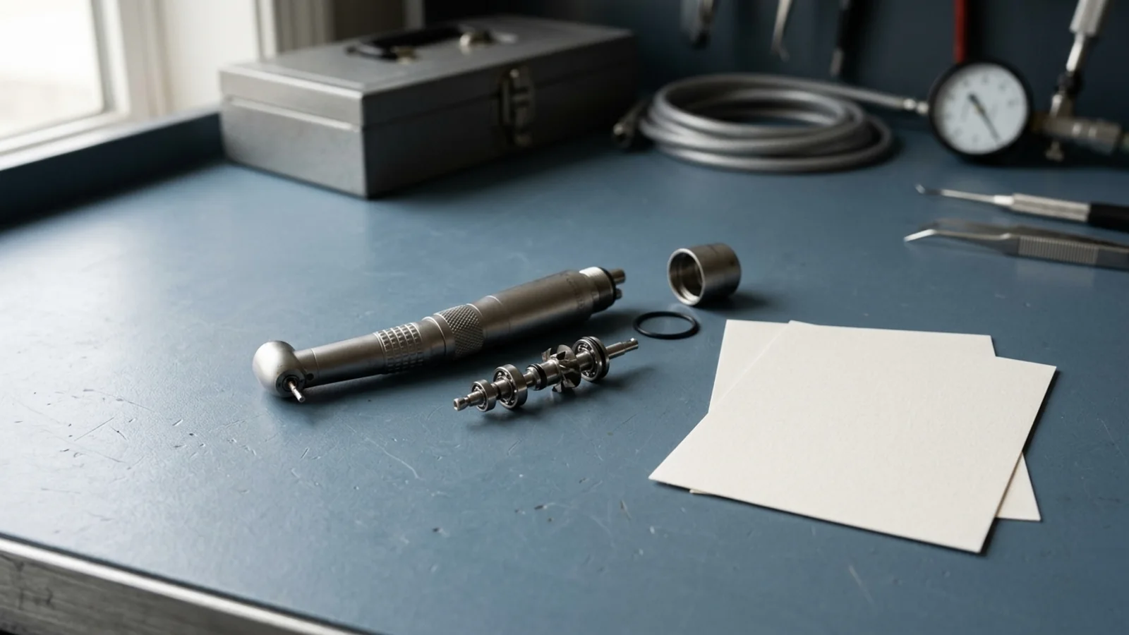 Disassembled high-speed dental handpiece, turbine cartridge, cap, and O-ring beside blank sheets on a slate-blue clinical engineering bench