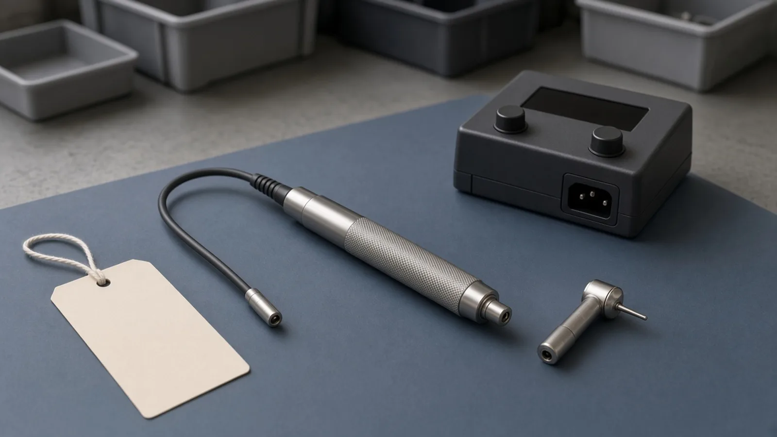 Clinical engineering workbench with a slim electric dental micromotor and detachable cord, a blank control unit, a separate contra-angle attachment, and a blank inspection tag on a slate-blue mat.