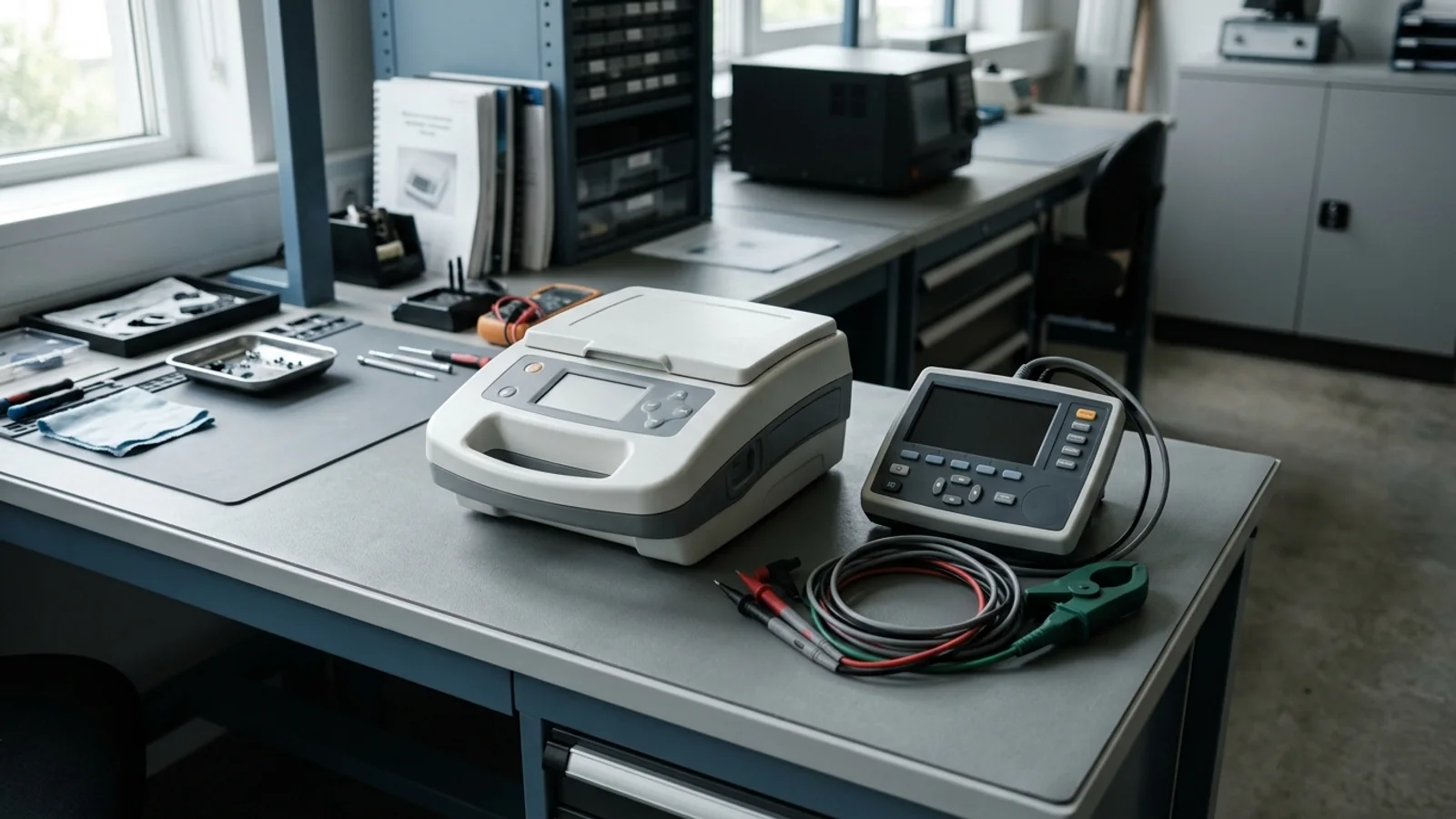 A medical electrical device on a service bench beside an unenergized electrical-safety analyzer with coiled test leads.