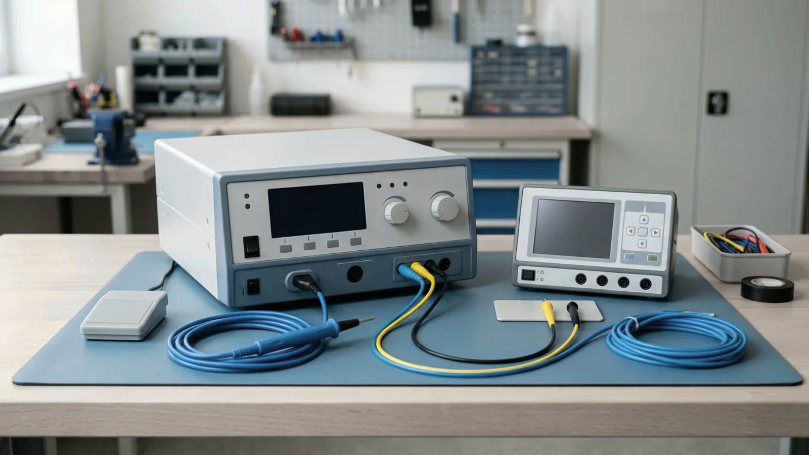 Switched-off electrosurgical generator with active pencil, footswitch and coiled leads beside a compact electrosurgery analyzer on a clinical-engineering bench