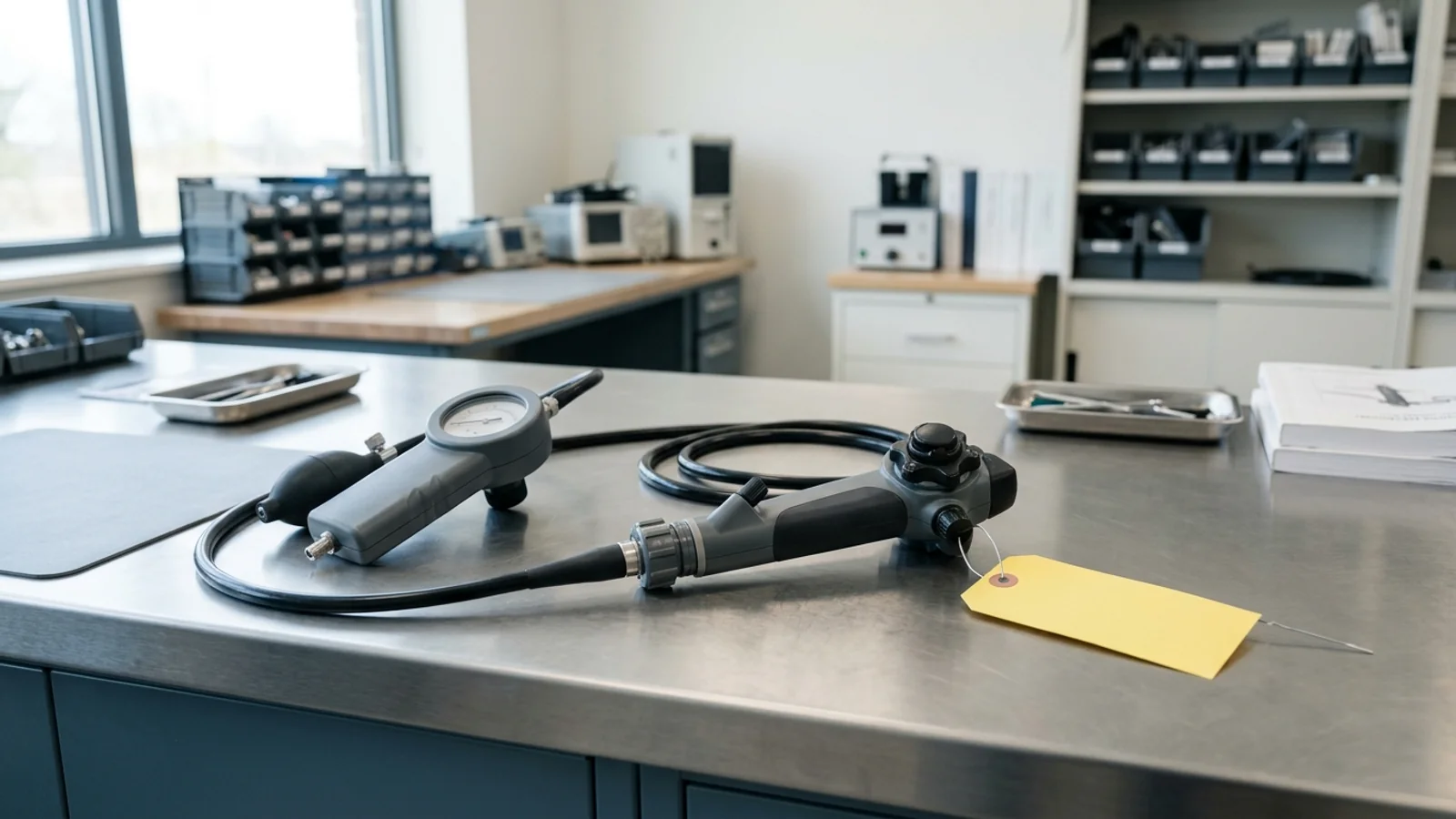 Unbranded flexible endoscope control body with an attached handheld leak tester and a blank yellow hold tag on a matte clinical-engineering bench