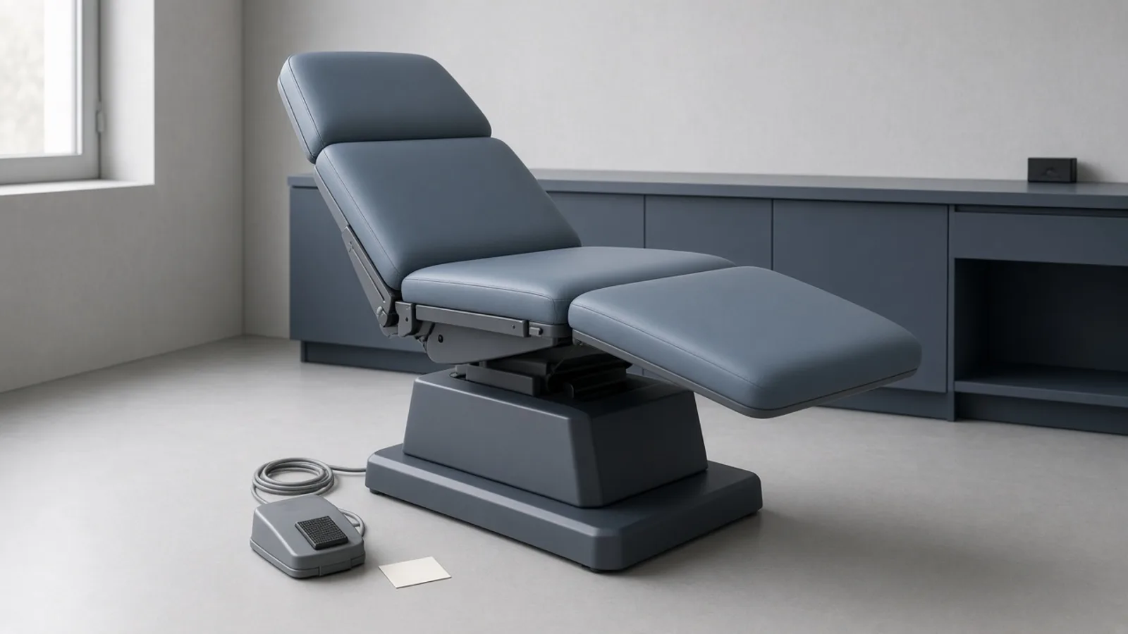 Slate-blue powered procedure chair lowered in a gray clinical room, with a detached foot control and a blank card beside the base.