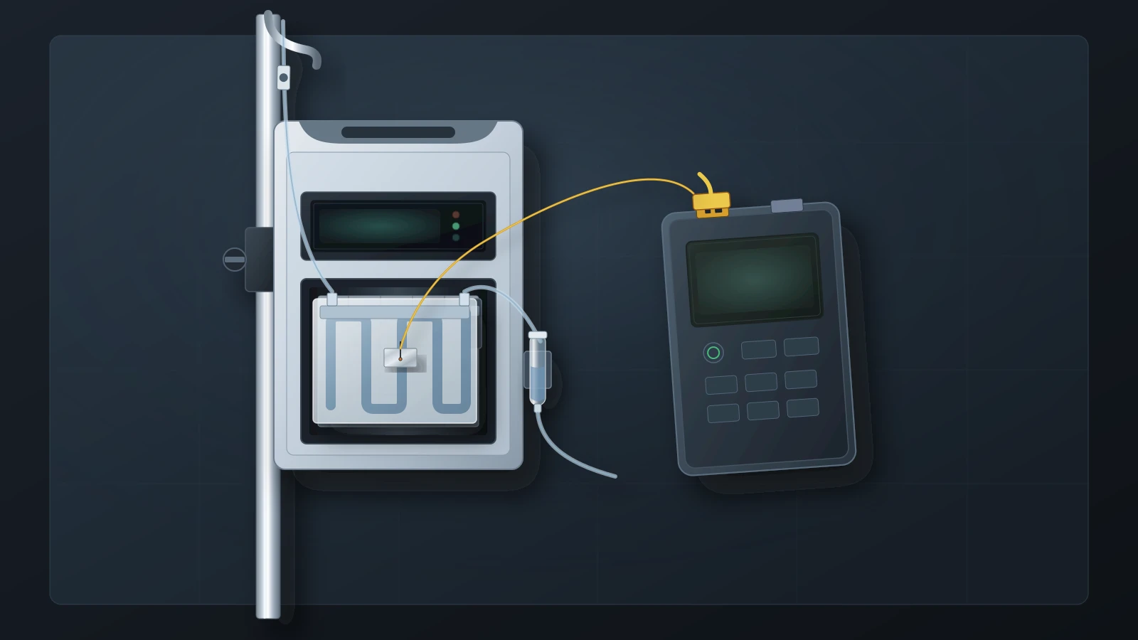Illustration of an IV-pole-mounted dry-heat fluid warmer with a disposable warming cassette seated in its plate slot and a bubble trap on the outlet line, a fine thermocouple taped to the cassette surface and wired to a handheld temperature monitor, with both displays blank