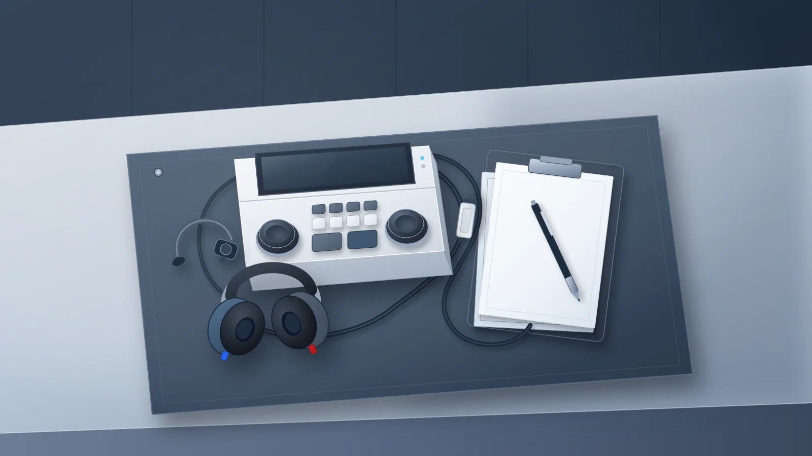 Illustrated still life of a diagnostic audiometer console with over-ear earphones, a bone-conduction headband, a coiled transducer cable with a blank tag, and a clipboard holding a blank sheet and pen on a slate-gray workbench.