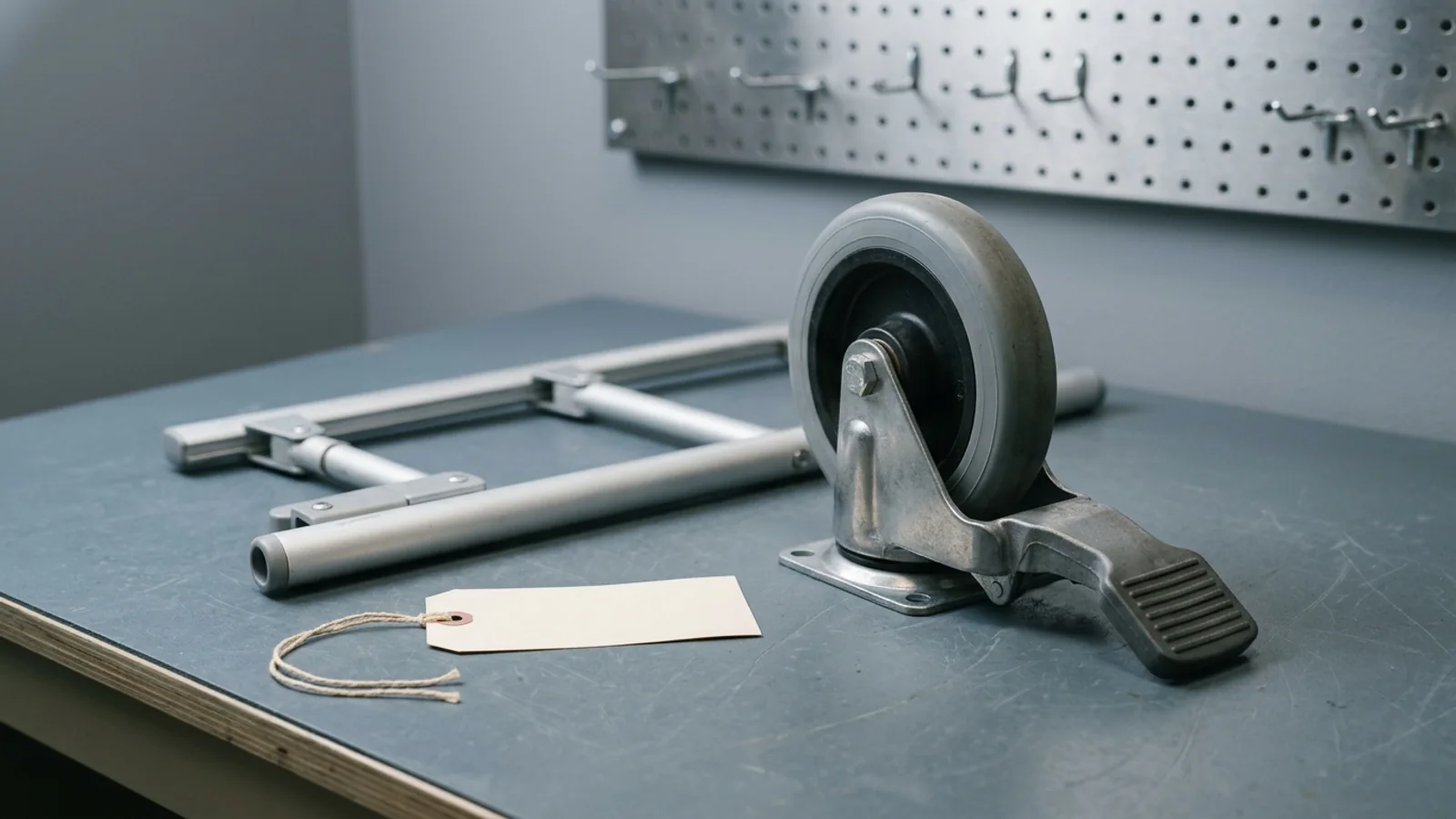 Hospital-bed caster and brake pedal on a service bench beside a lowered rail section and hold tag