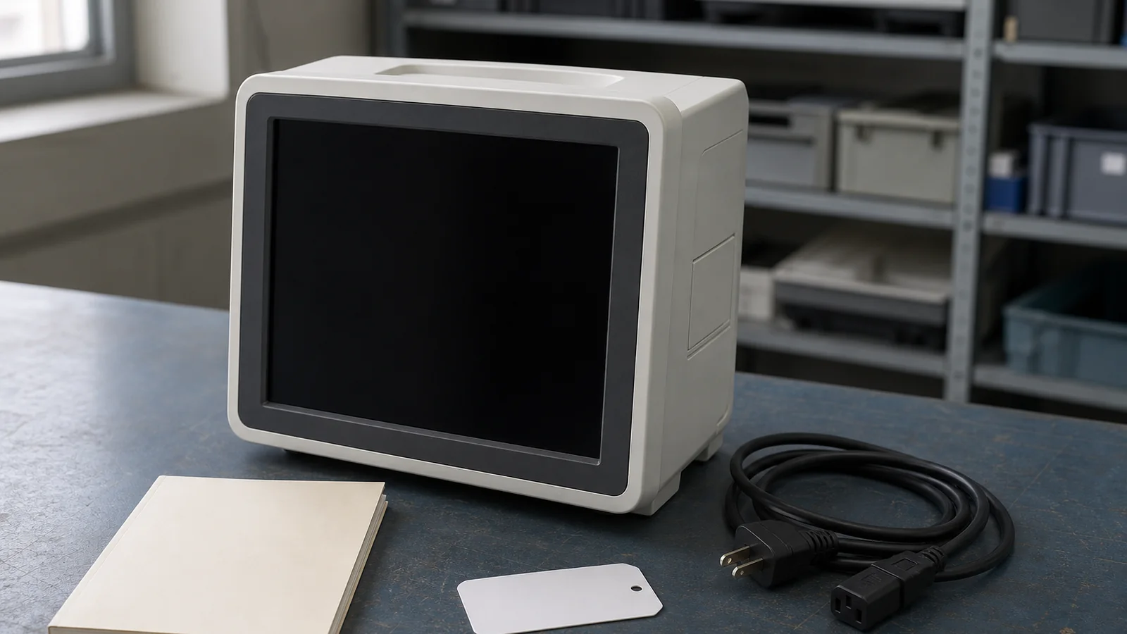 A newly arrived medical device in protective foam packaging on a clinical engineering workbench beside an unapplied blank asset tag, closed instruction booklet, and test leads awaiting incoming inspection
