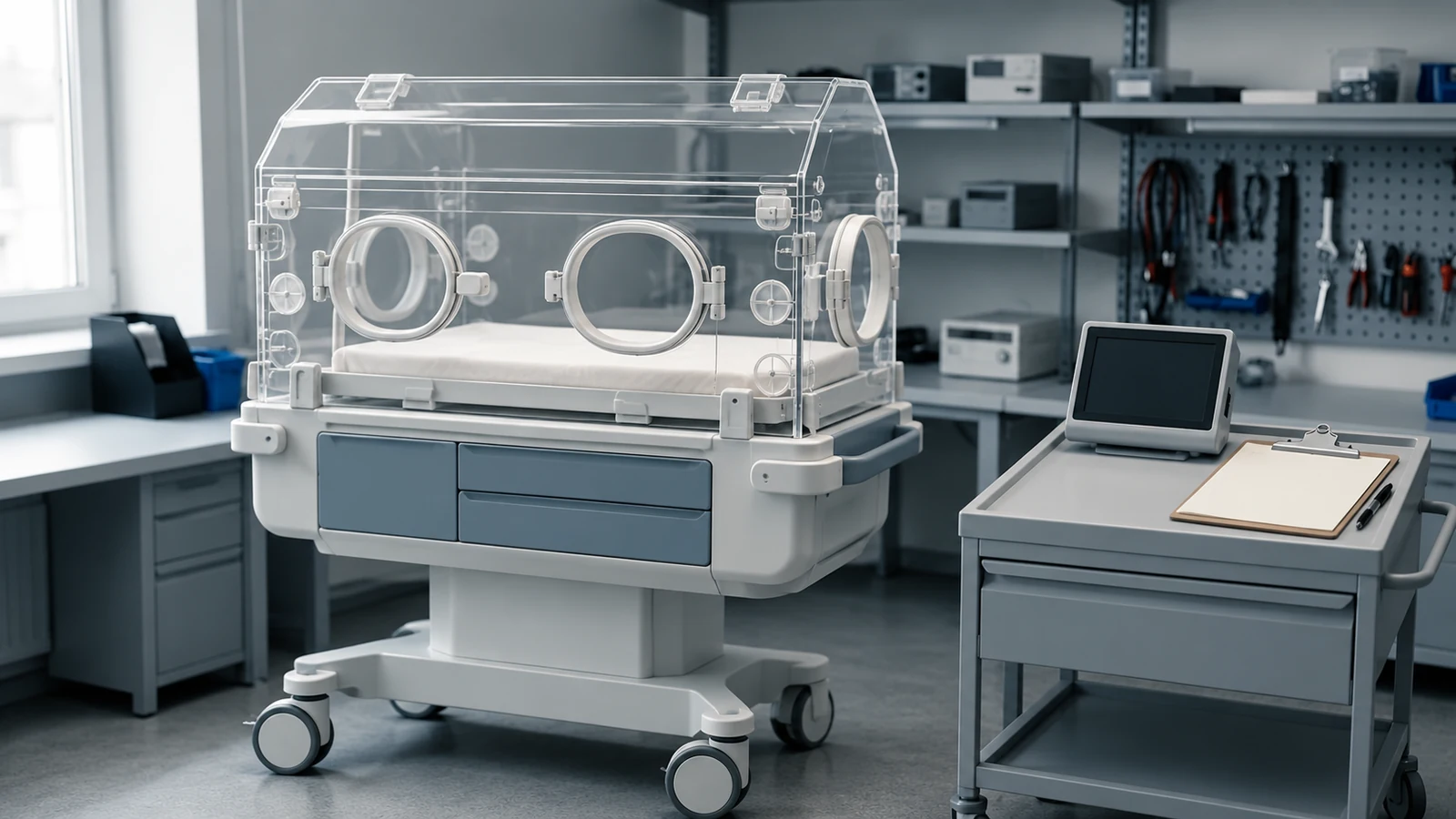 Empty, closed-hood infant incubator on a wheeled pedestal in a clinical-engineering workshop, beside an instrument cart with a blank clipboard and dark screen.