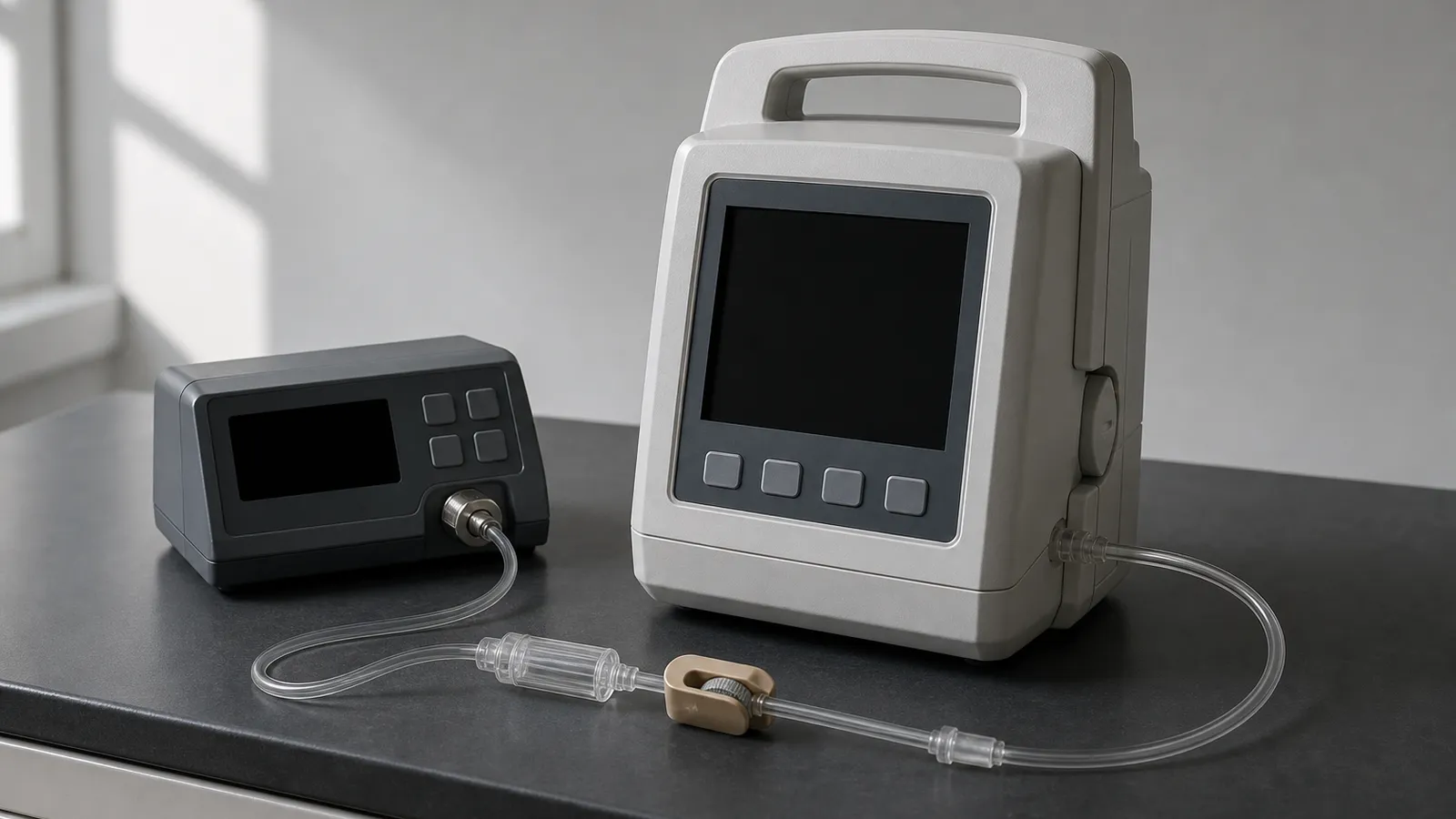 A volumetric infusion pump on a clinical engineering workbench beside a flow analyzer and clamped administration tubing.