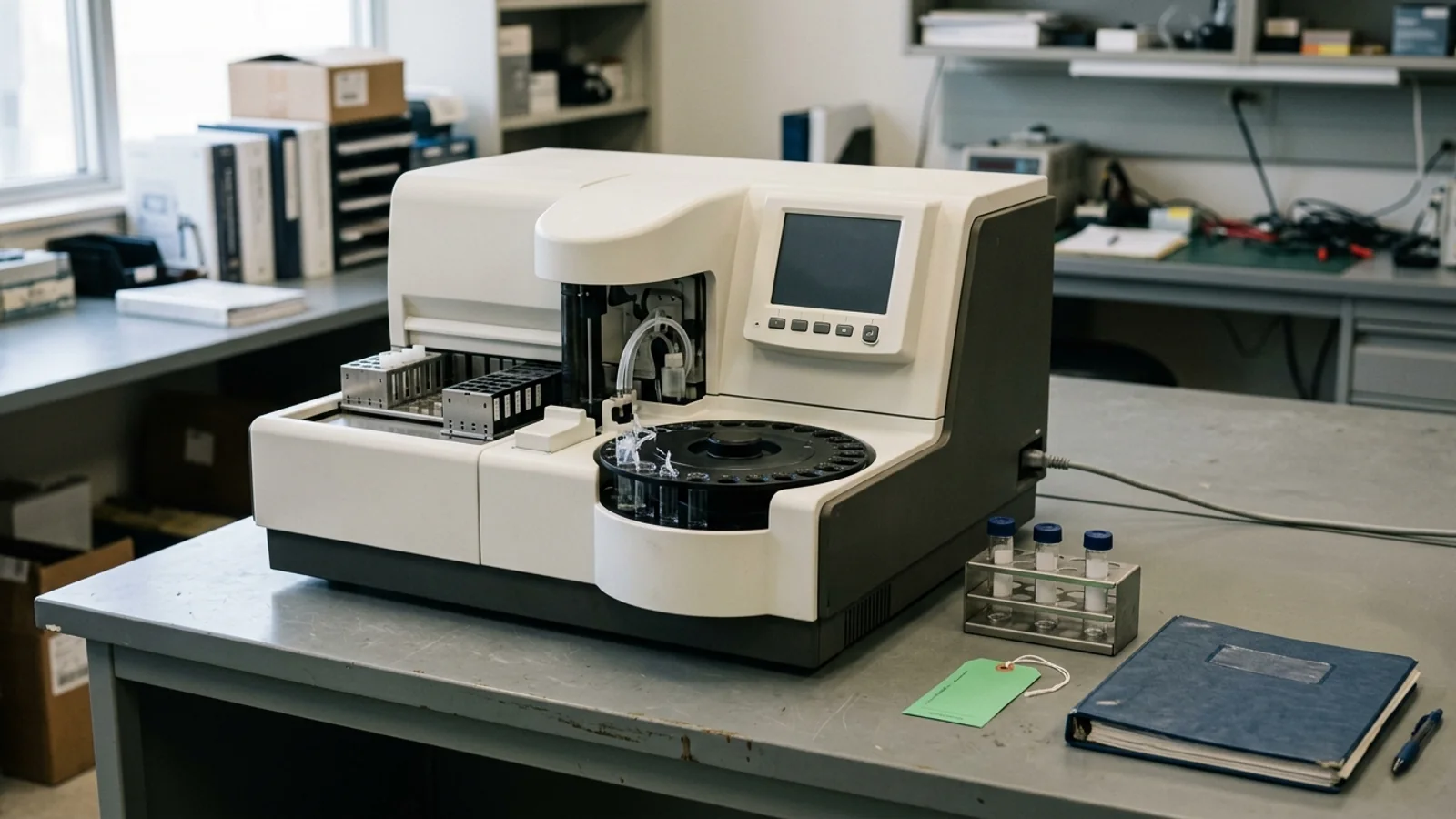 Benchtop clinical laboratory analyzer module positioned beside three unlabeled calibration verification vials and service release documentation in a biomedical workshop.