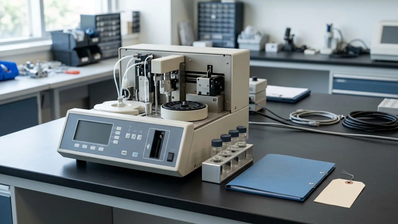 Benchtop clinical chemistry analyzer on a matte service workbench with capped vials, a closed folder, and an unapplied tag
