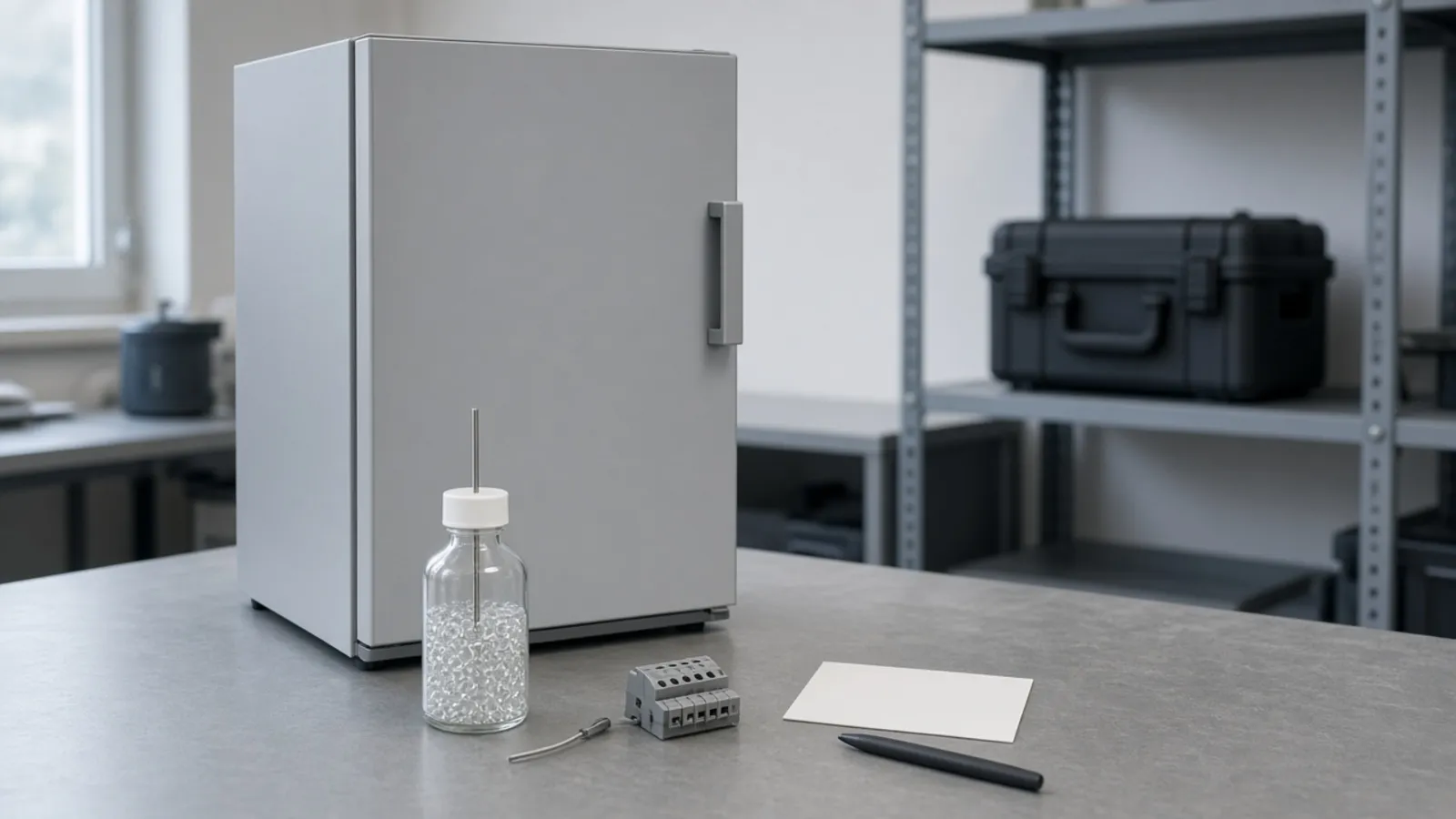 Closed laboratory refrigerator in a clinical-engineering workshop, with a glass-bead probe bottle, an unlabeled terminal block, and a blank card on the bench