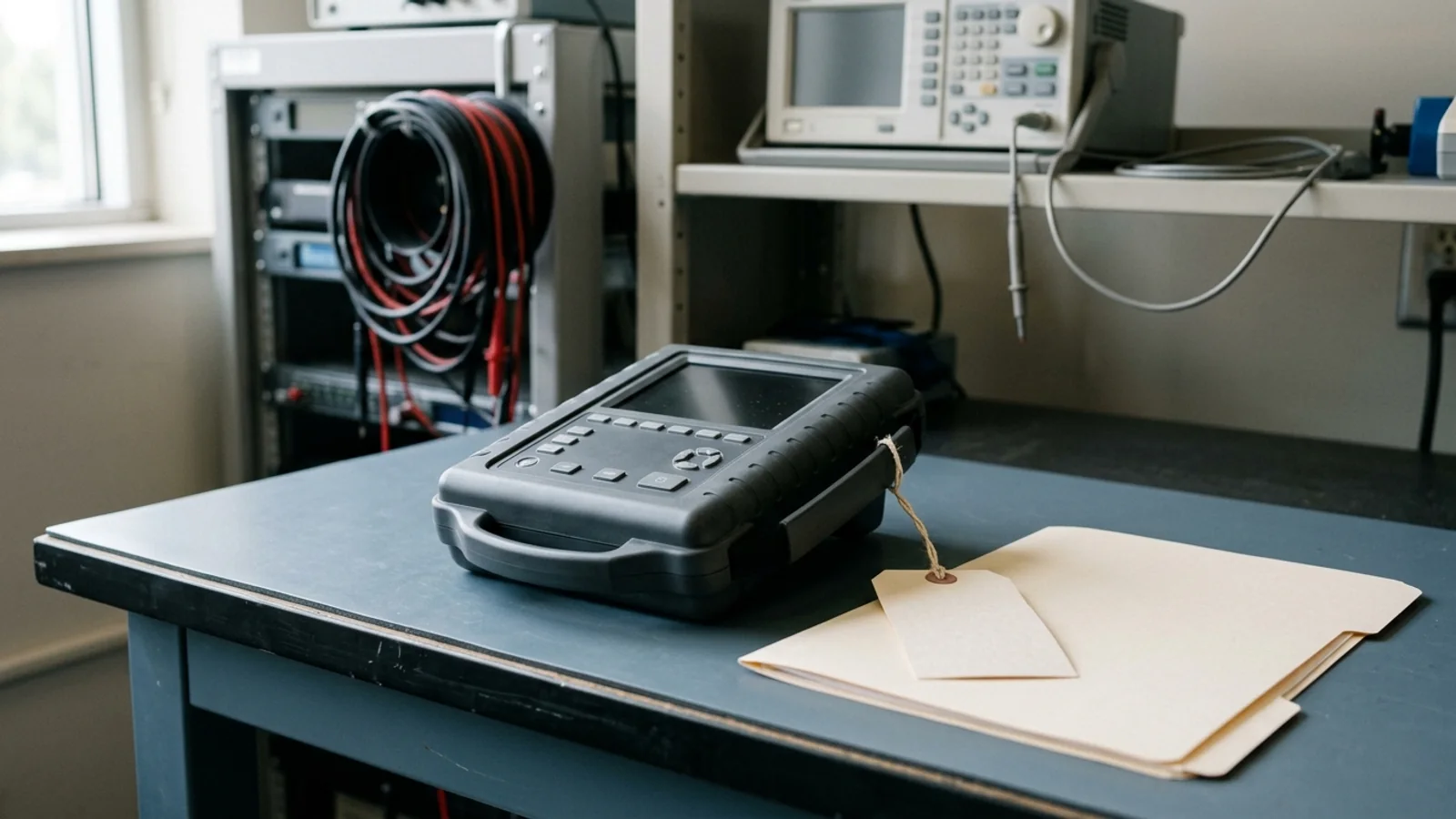 A closed portable medical instrument rests on a matte clinical-engineering service bench beside an inspection folder and blank tag, representing return-to-service testing verification after repair.