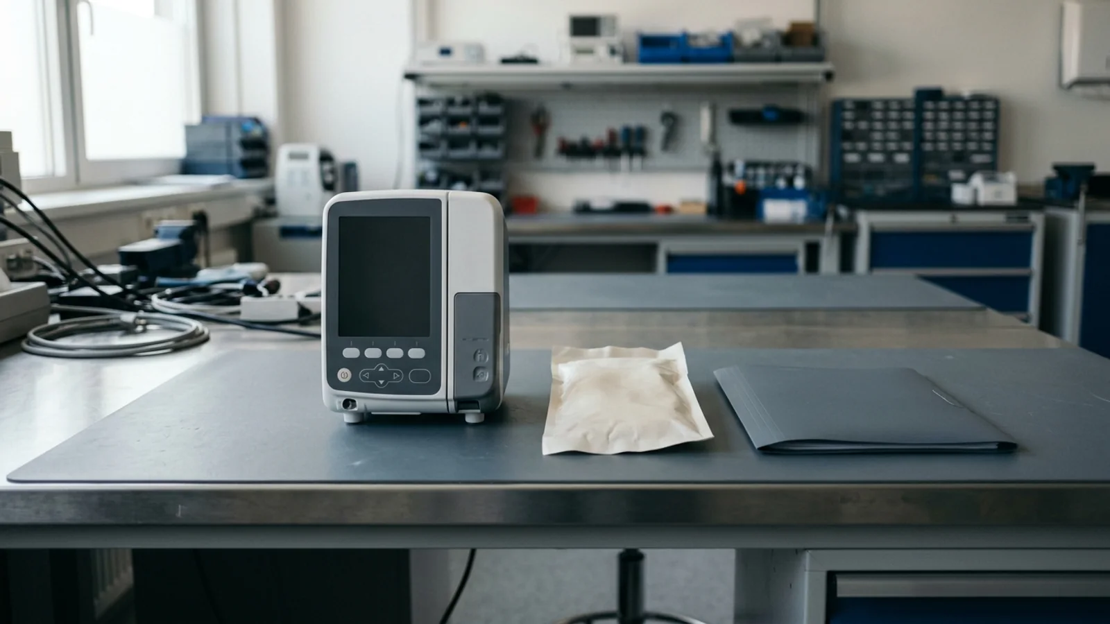 Volumetric infusion pump, sealed administration set pouch, and evidence folder on a clinical engineering workbench