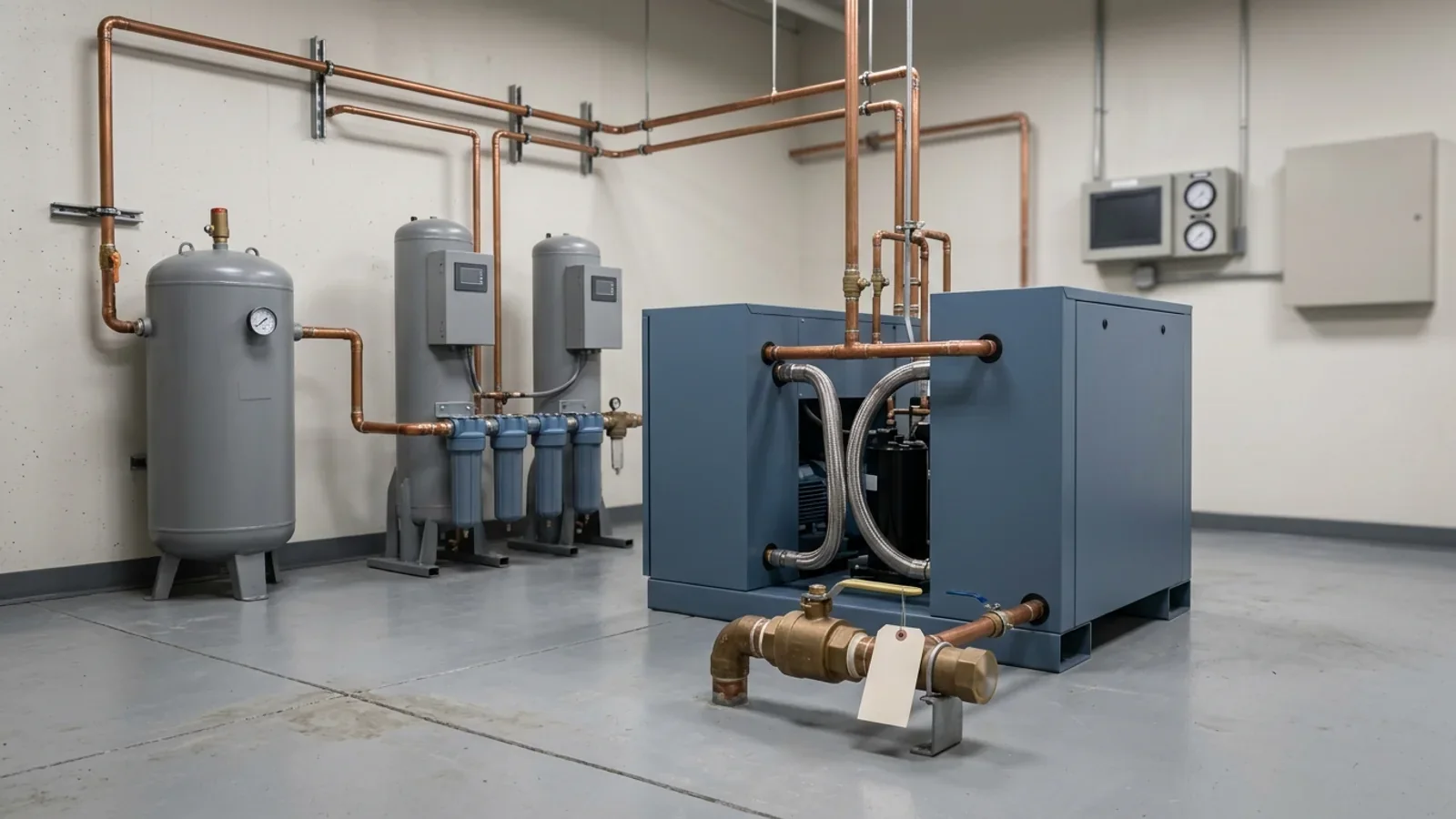 A hospital mechanical room with an enclosed medical air compressor package, an air receiver, twin dryer towers with a filter bank, copper distribution piping, a tagged ball valve, and a wall-mounted monitoring panel