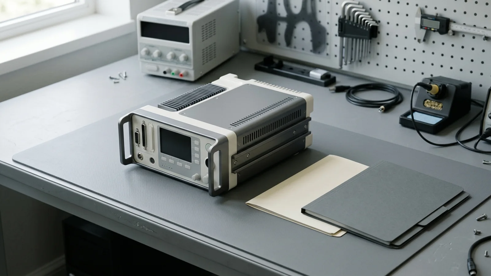 A biomedical equipment module rests on a service bench beside closed notice and inventory documentation folders