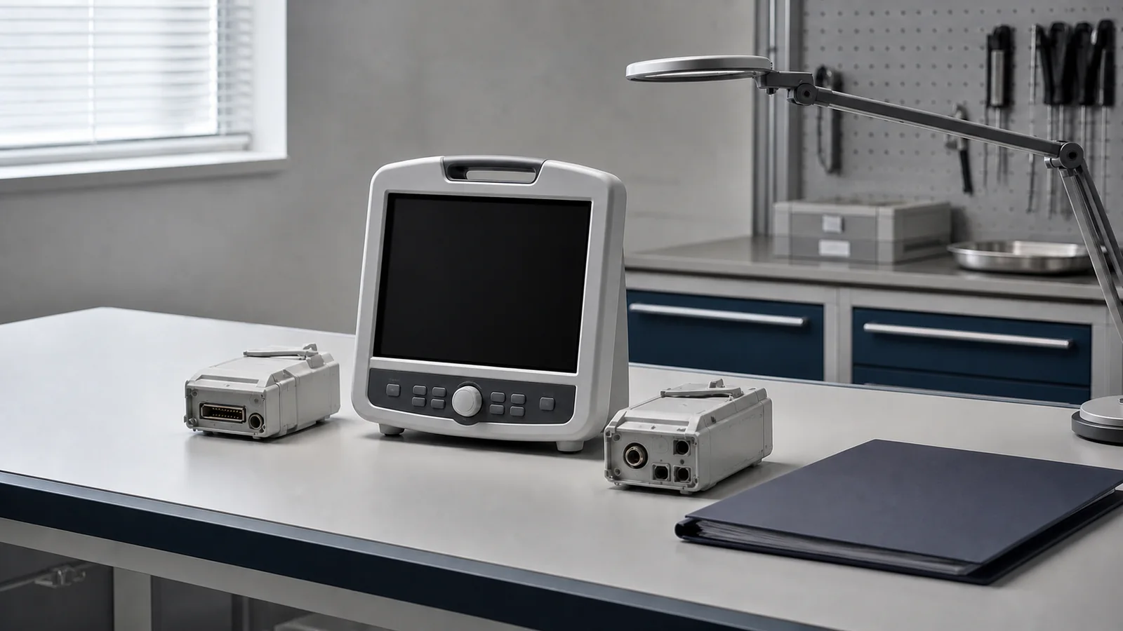 A generic medical monitor with interchangeable modules and a blank service dossier on a clinical-engineering workbench