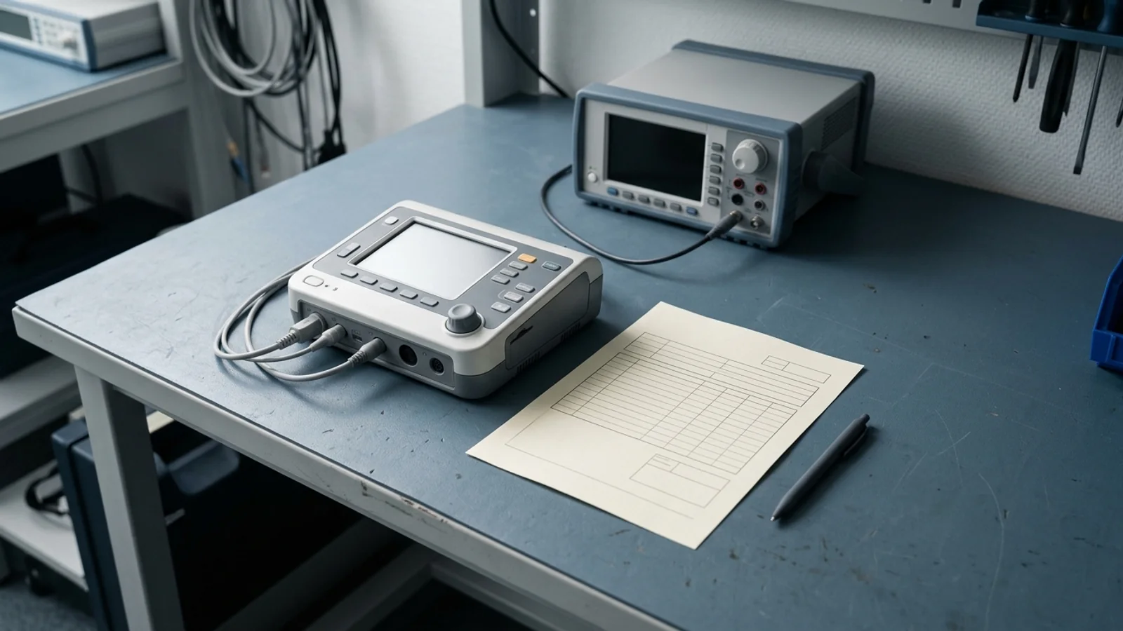 A biomedical test instrument and calibration certificate document on a clinical engineering workbench beside reference test equipment