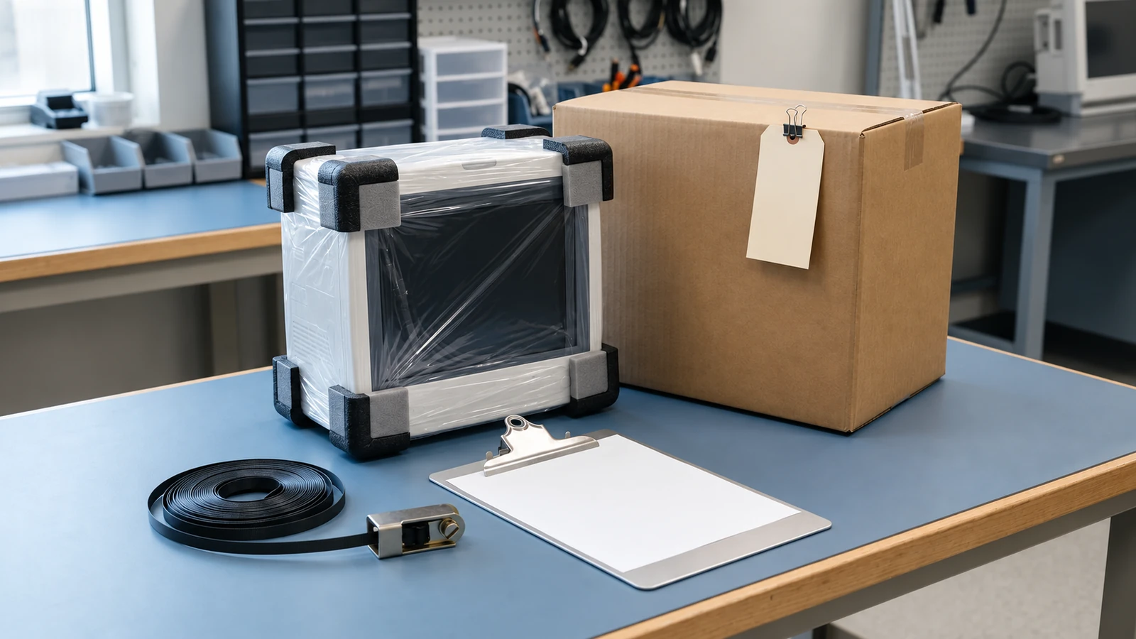 Wrapped patient monitor with foam corner protectors beside a shipping carton with a blank tag and a blank clipboard on a clinical-engineering bench