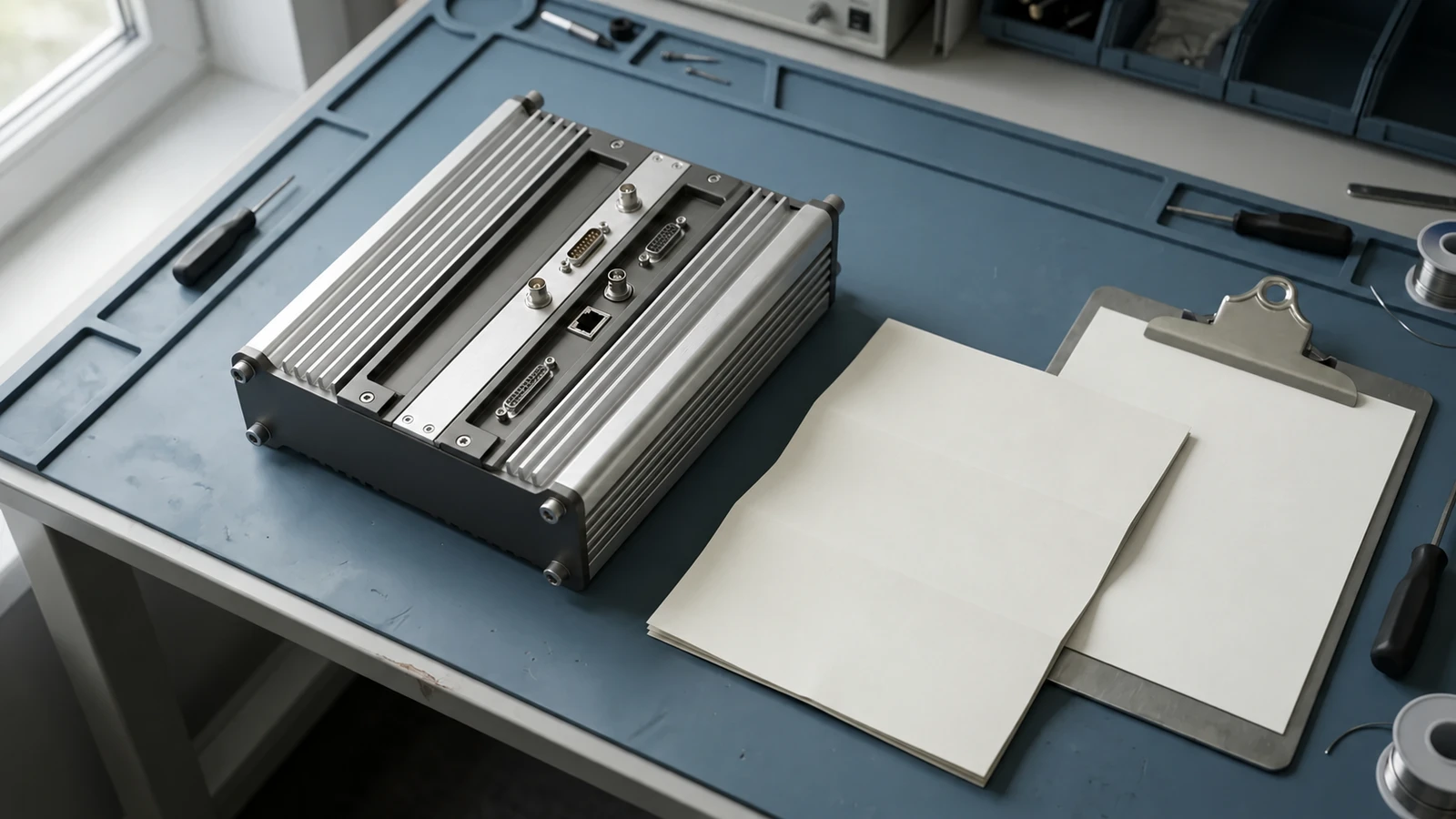 An unbranded electronics module beside blank folded stationery and a clipboard holding a blank sheet on a slate-blue clinical-engineering workbench.
