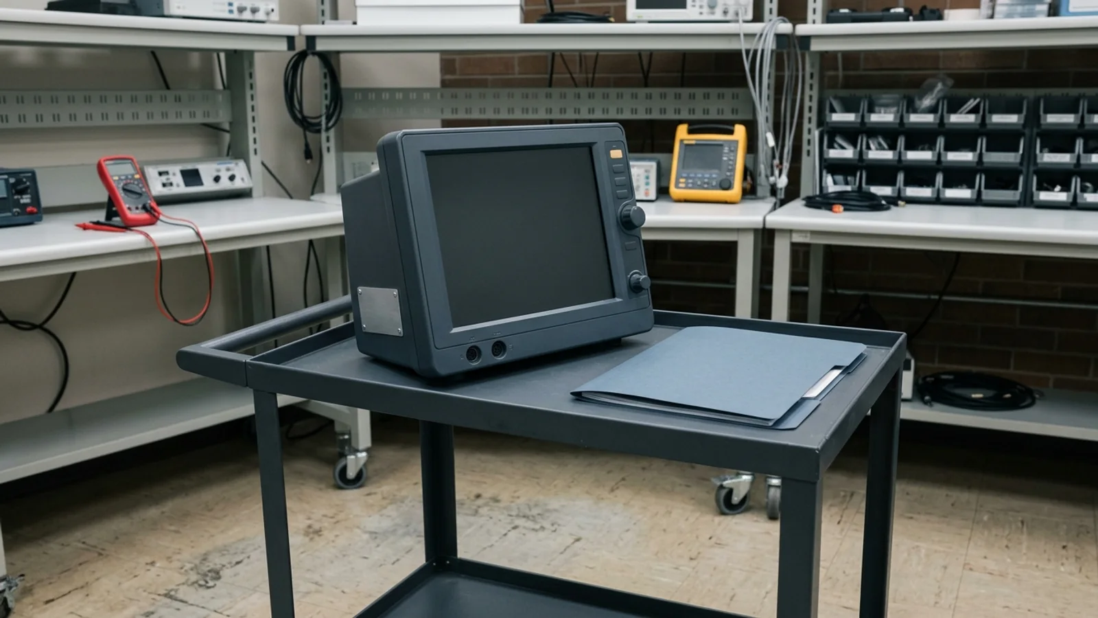 Unbranded patient monitor on a matte equipment cart beside a closed unlabeled slate-blue folder and blank side plate in a clinical-engineering workshop