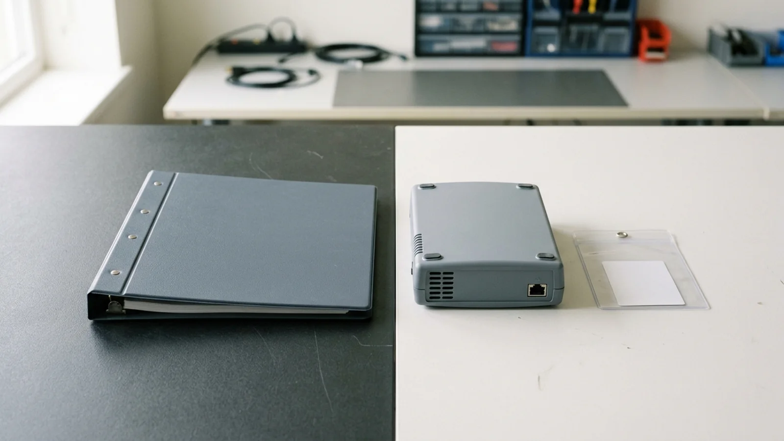 A closed work order folder and blank asset tag sleeve next to a serviced medical device on a maintenance bench.