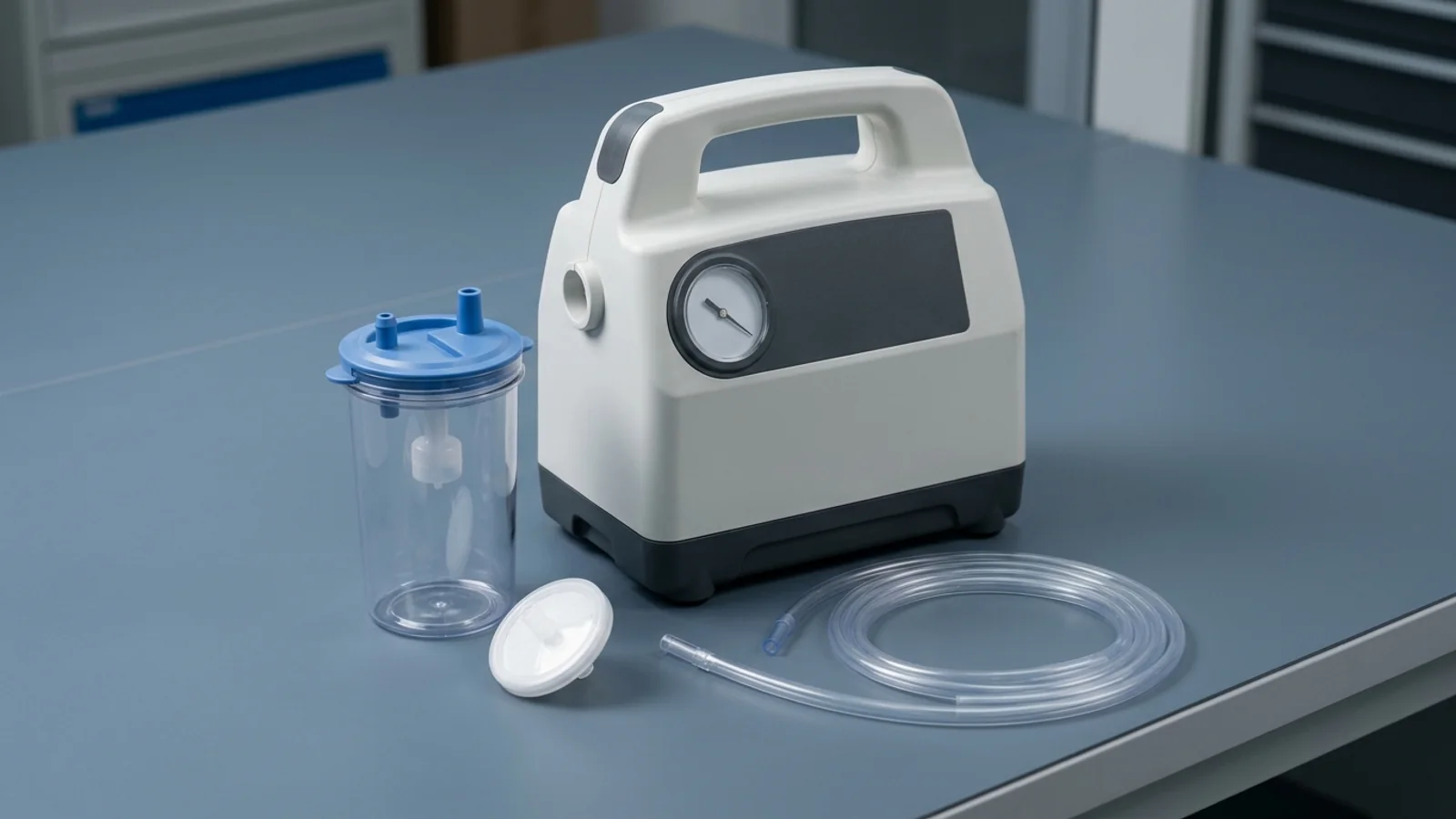 Portable electric medical suction pump with analog vacuum gauge on a biomedical test bench beside a detached disposable collection canister, hydrophobic filter, and patient tubing