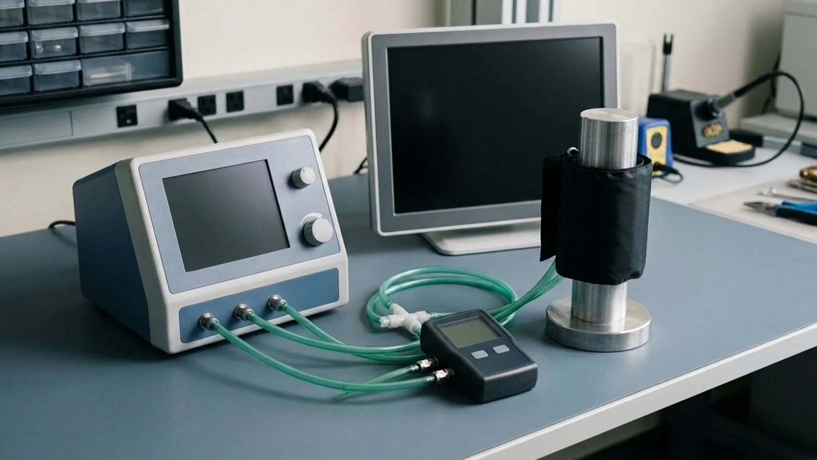 Biomedical calibration bench showing an NIBP simulator and reference manometer connected via pneumatic tubing to a blood pressure cuff secured around a rigid cylinder mandrel
