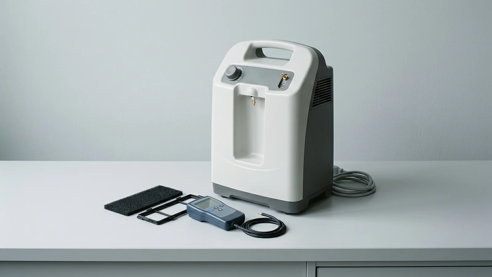 Medical oxygen concentrator on a service workbench with its removable intake filter and a handheld oxygen gas analyzer ready for purity verification