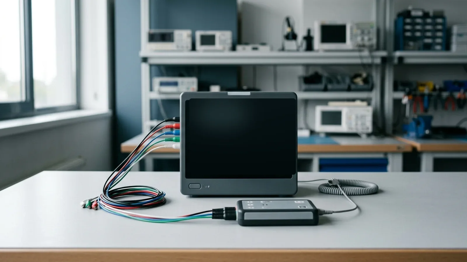 Unbranded bedside patient monitor on a biomedical workbench connected to a compact patient simulator for post-service alarm verification