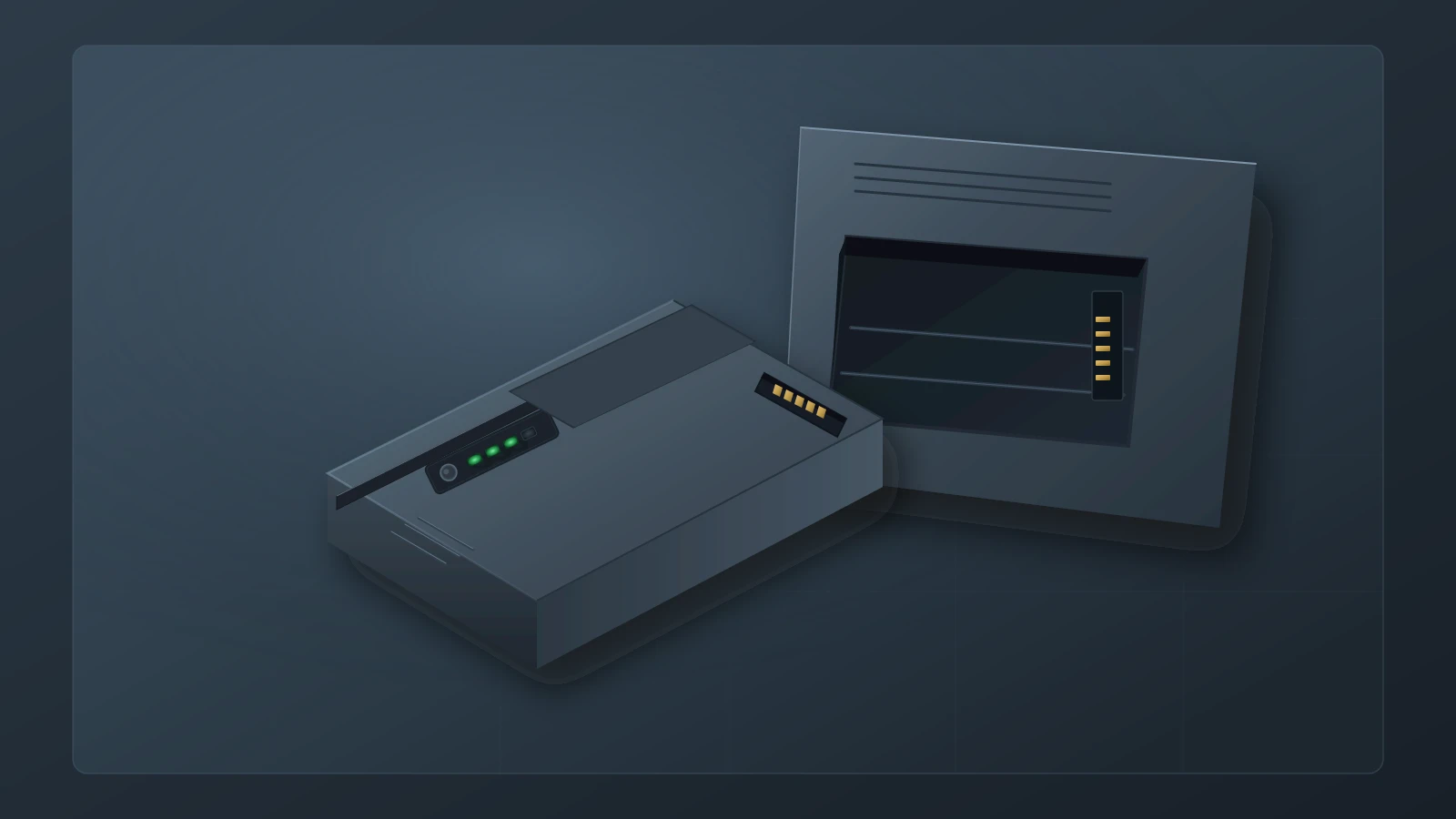 Technical illustration of an intact gray monitor battery beside an empty battery bay on a slate-blue service bench.