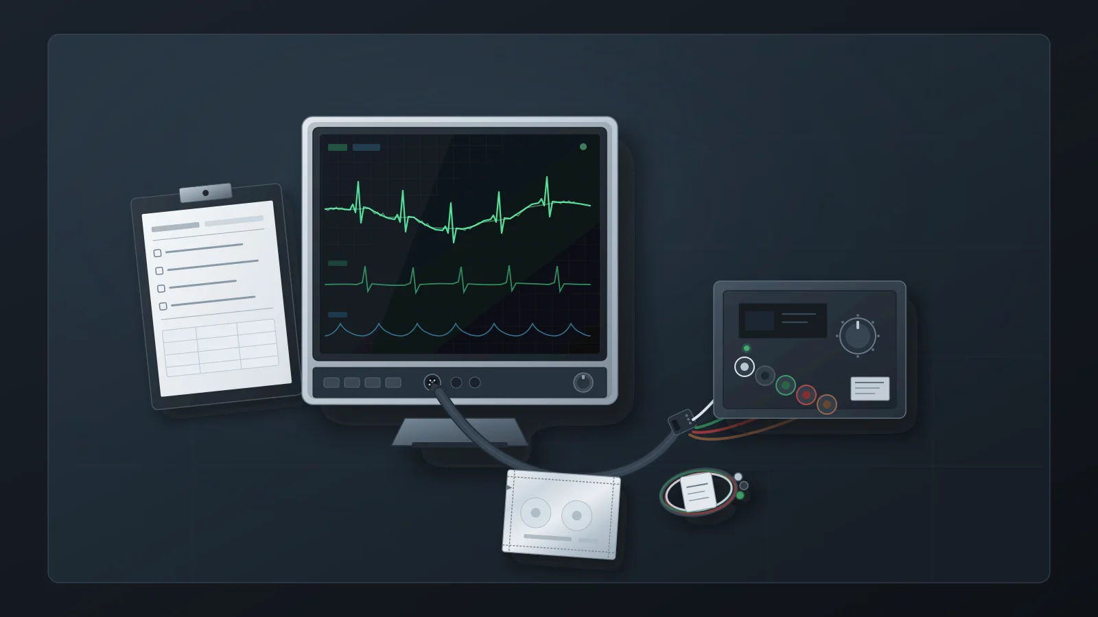 Illustrated still life of a multi-parameter patient monitor on a slate-blue clinical-engineering bench showing an ECG trace with baseline wander and fine interference, connected via trunk cable and lead wires to an ECG simulator beside spare leads, electrode packaging, and an intake worksheet