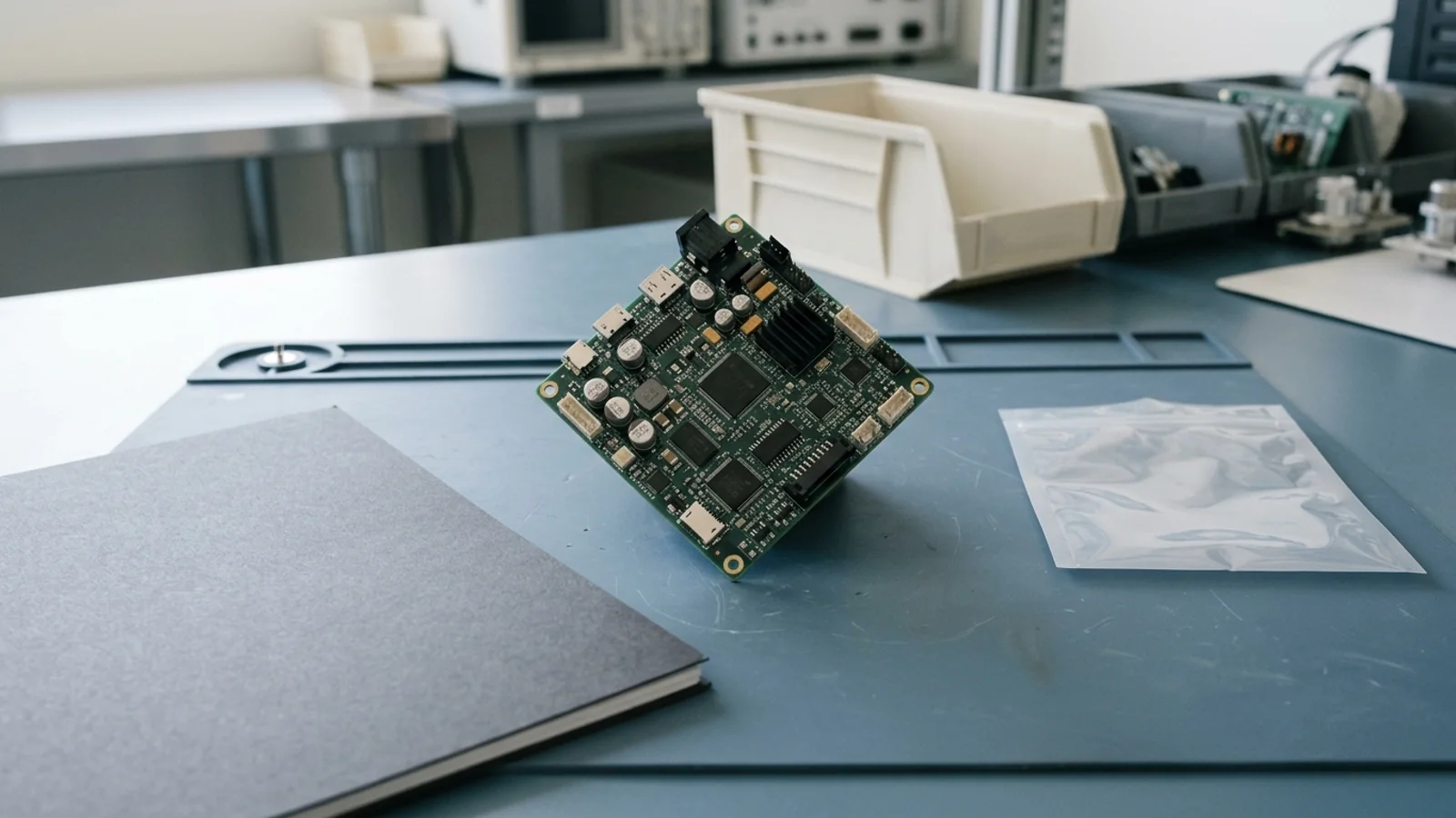 Unbranded medical electronic circuit module on a slate-blue anti-static service mat beside an unlabeled closed specification folder and spare parts pouch.