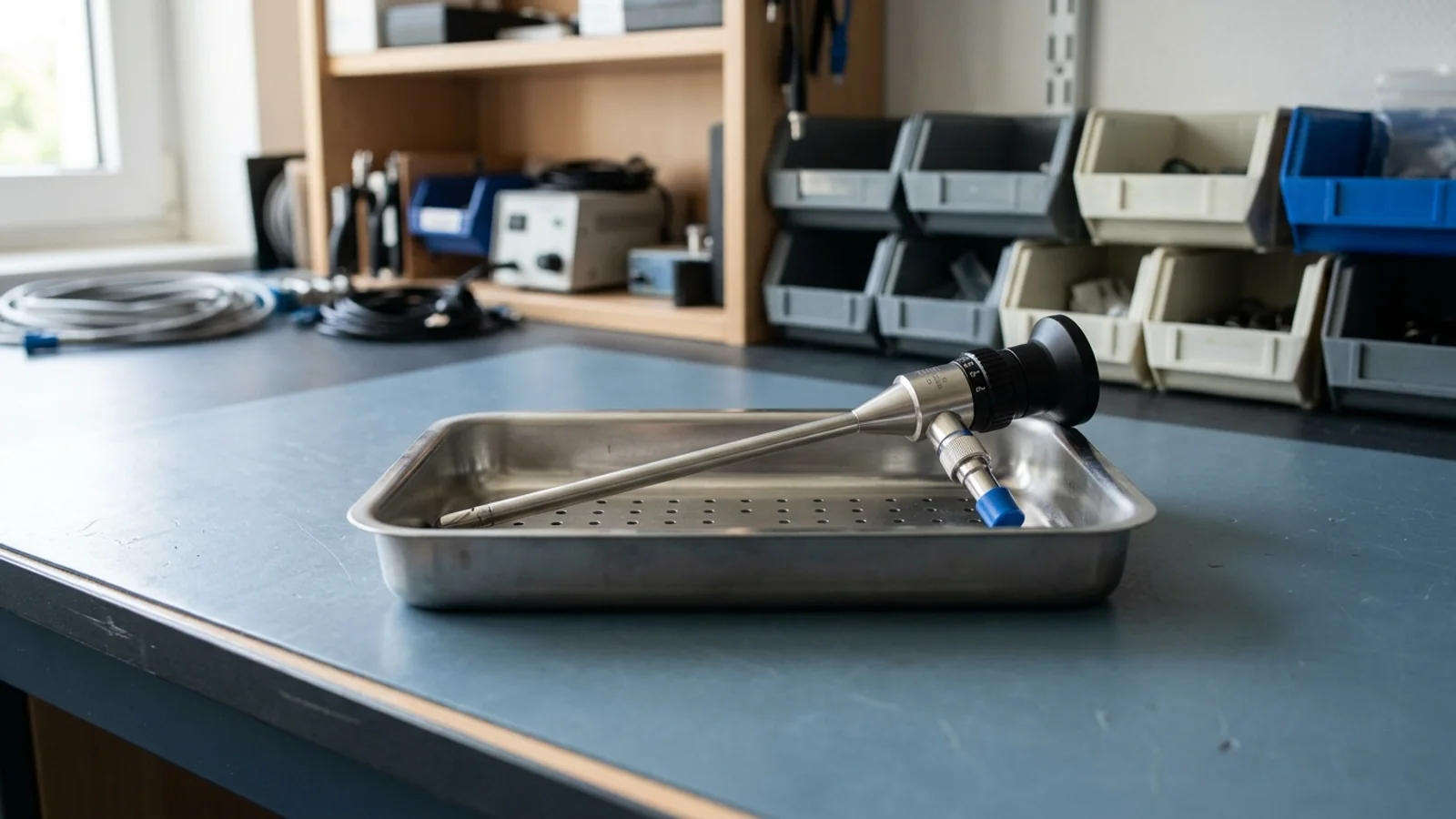 A rigid surgical telescope resting in a stainless steel tray on a clinical engineering workbench, showing the eyepiece, light post connector, and straight shaft