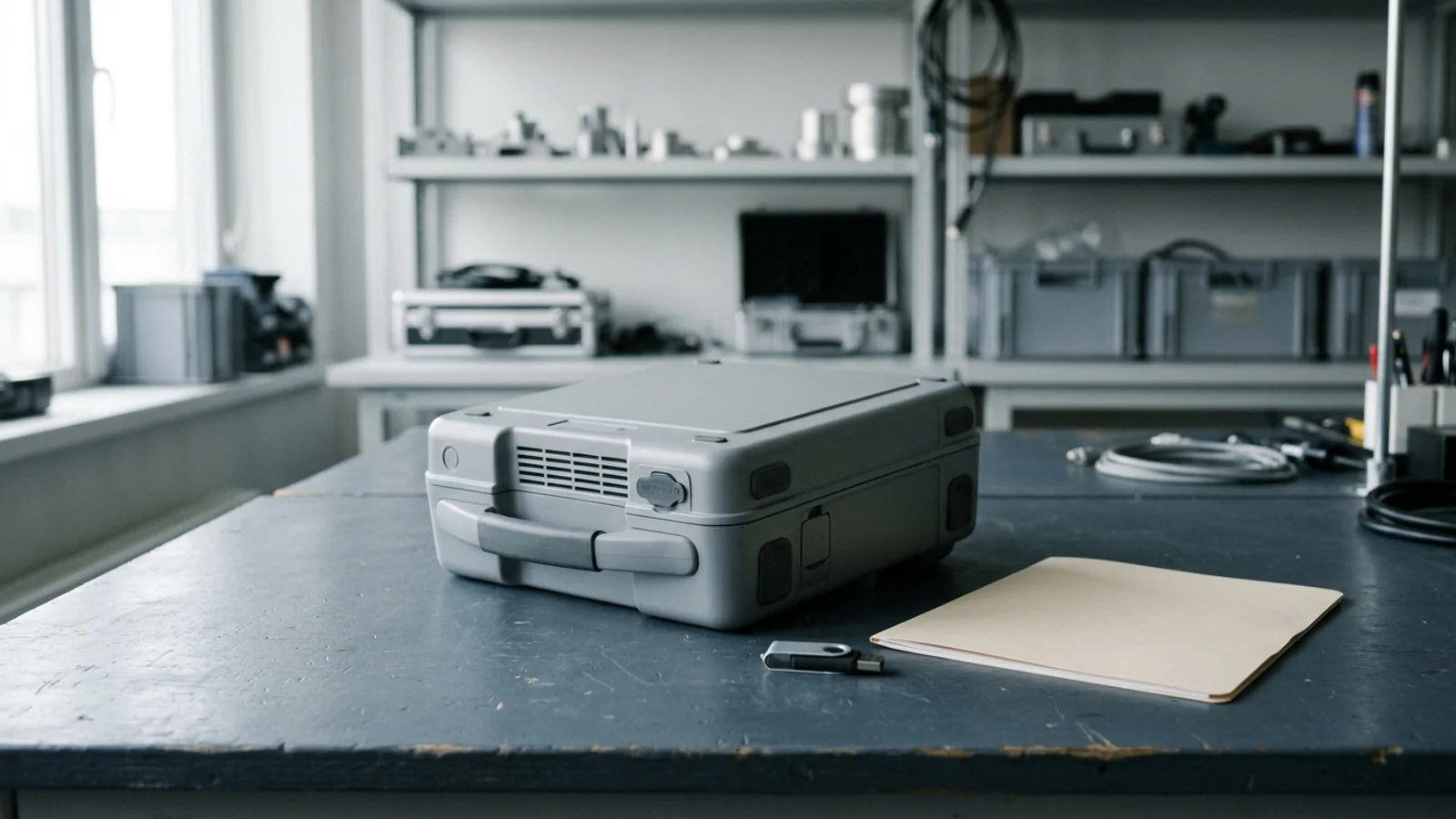 A closed portable medical device, an unlabeled USB update drive, and a closed documentation folder on a clinical engineering service workbench