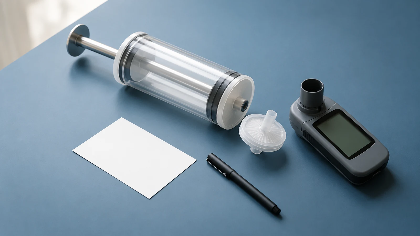 A large calibration syringe, separate round filter, and handheld spirometer beside a blank card and pen on a slate-blue workbench