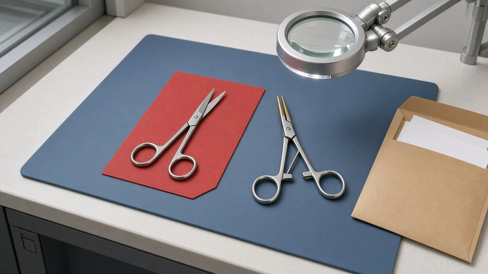 A stainless Mayo scissors on a plain red test strip beside a tungsten-carbide needle holder, lighted magnifier, and opened unmarked envelope on a slate-blue sterile-processing bench