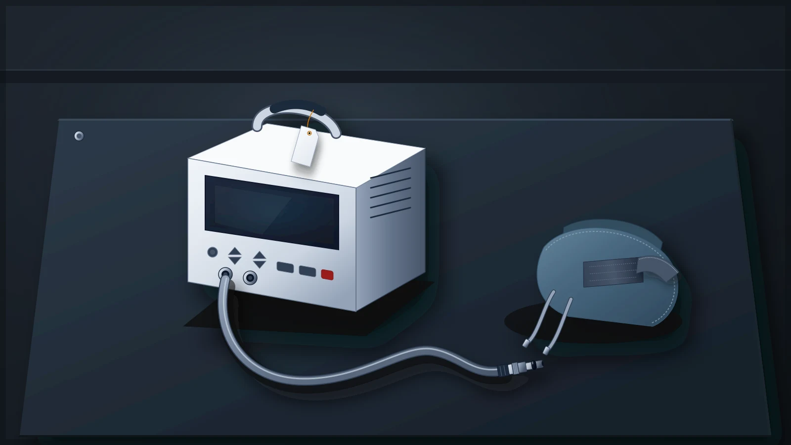 Illustration of a generic tourniquet console with a blank service tag, a hose connected to the console and disconnected from a separate cuff, on a clinical-engineering workbench.