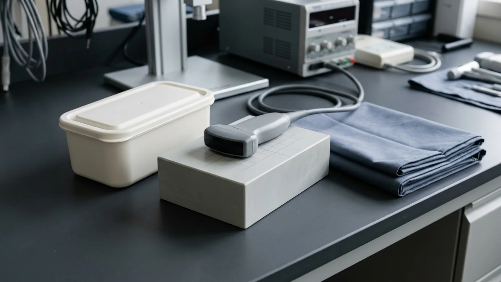 An unbranded ultrasound probe resting on an acoustic test phantom beside a closed testing basin on a service bench.